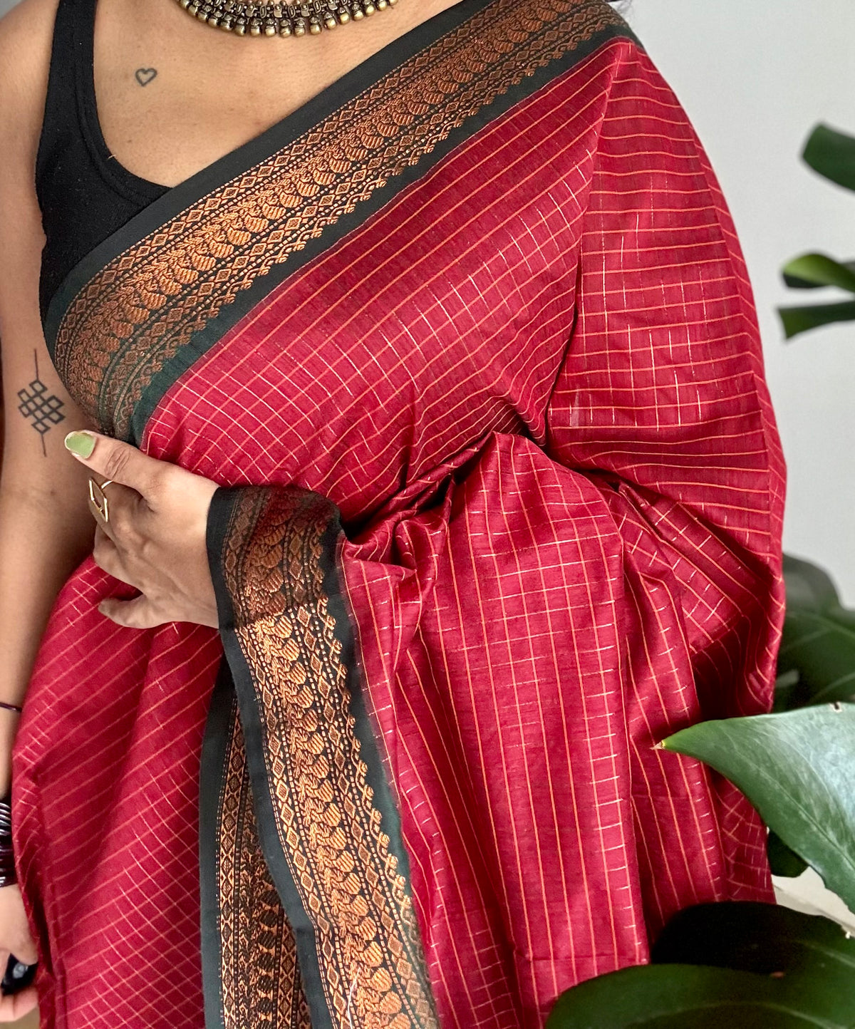 Dark red with green, zari checkered saree, cotton silk - YCCOTNKCOC100