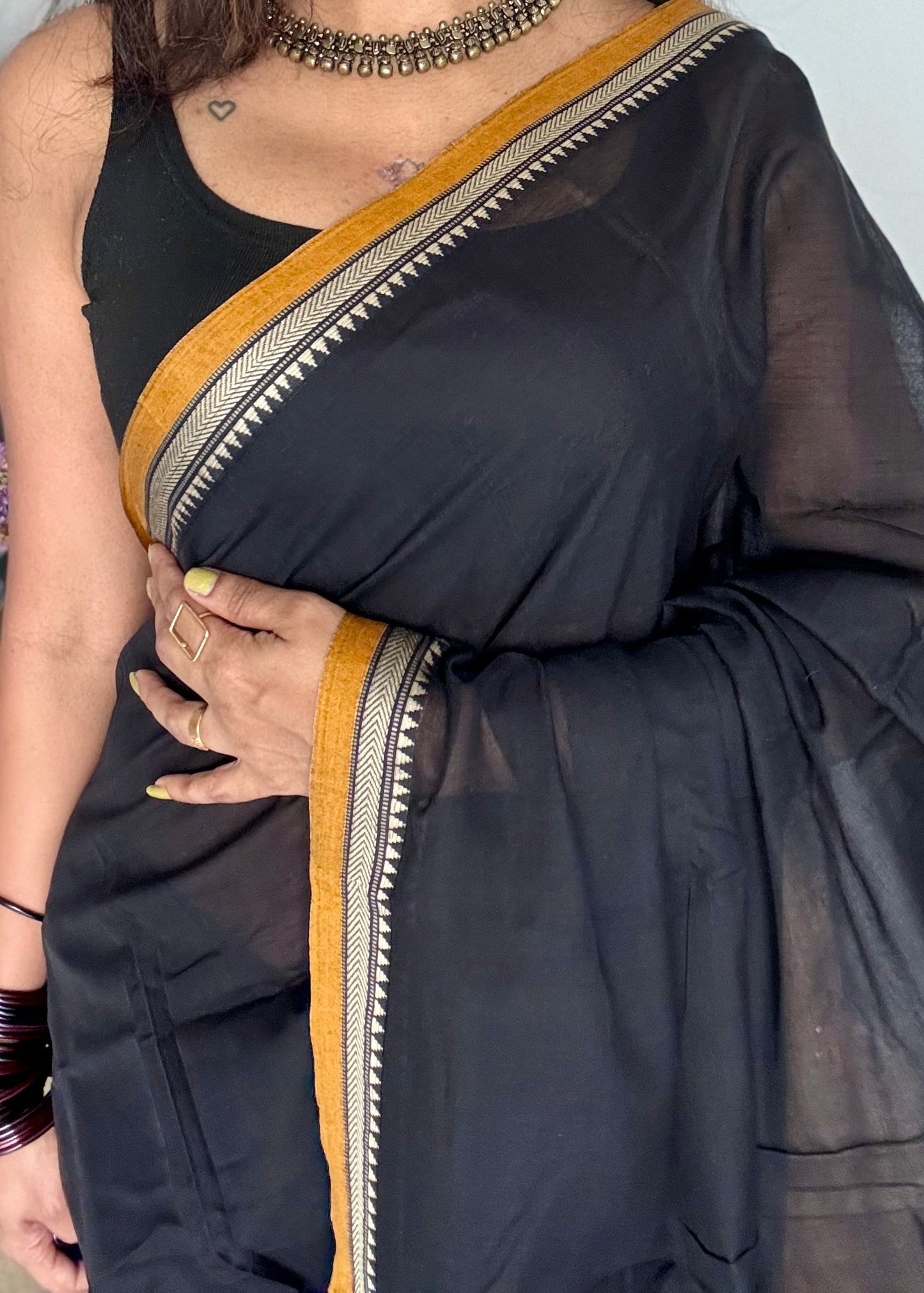 Black with dark yellow border narayanpet saree, soft cotton - YCWOTDNPFE29