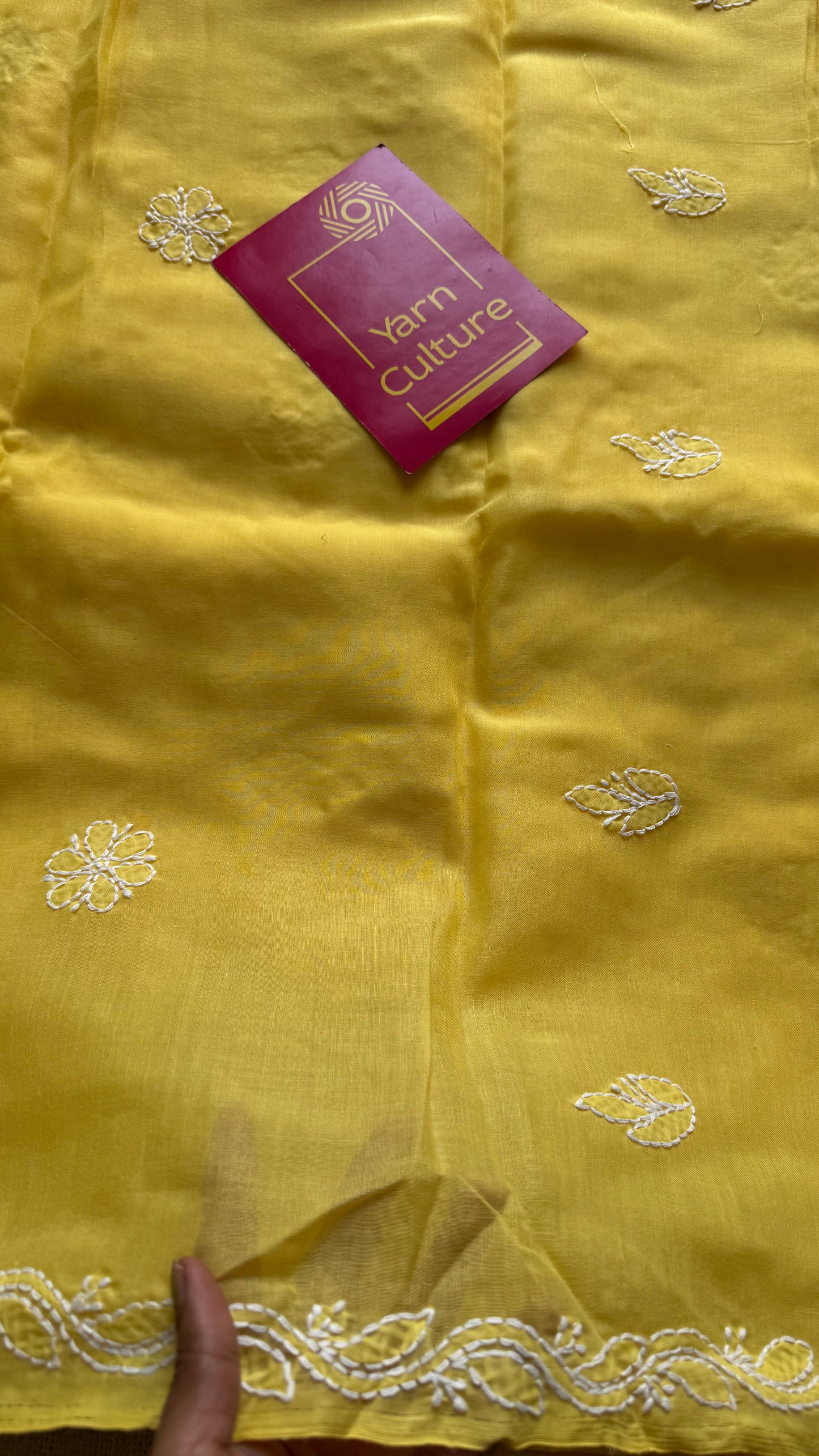 Roshni - canary yellow hand-embroidered chikankari cotton saree - YCLCKFE420
