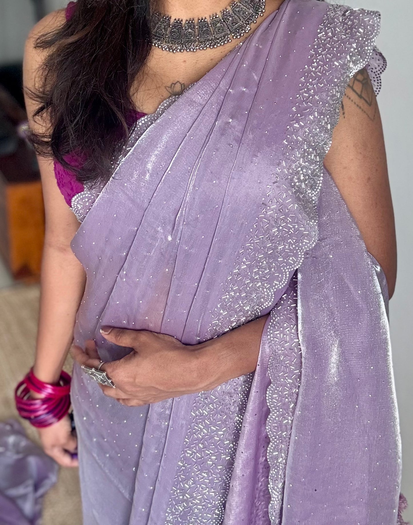 Lavender Drip - lavender metallic dual tone space silk, jarkhan stone work - YCDOSNO40