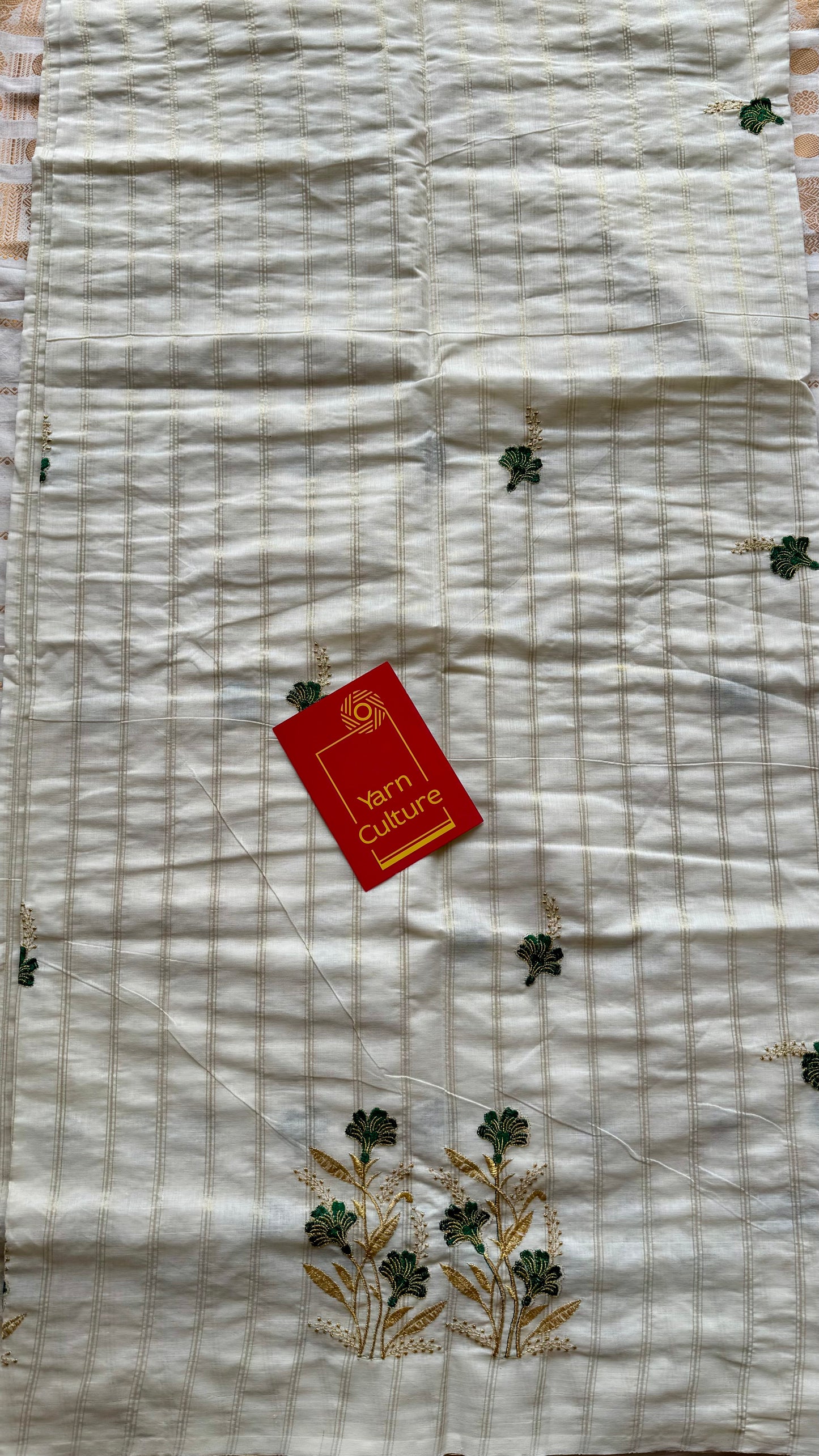 Ivory and gold soft cotton saree, dark green floral embroidery  - YCIEON51