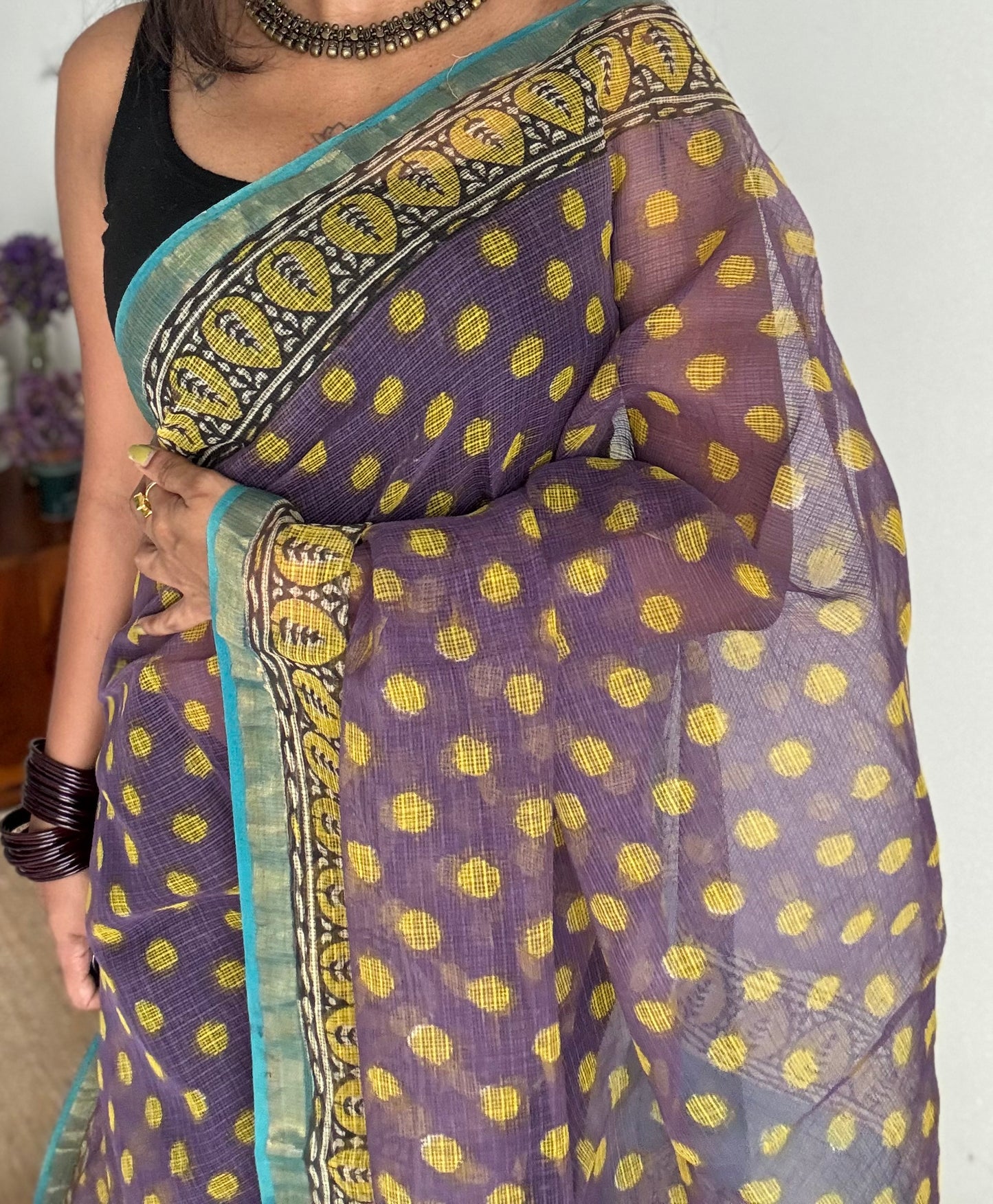 Jamun Gola - Purple with yellow kota doria, with gold zari border - YCTORKDAP13
