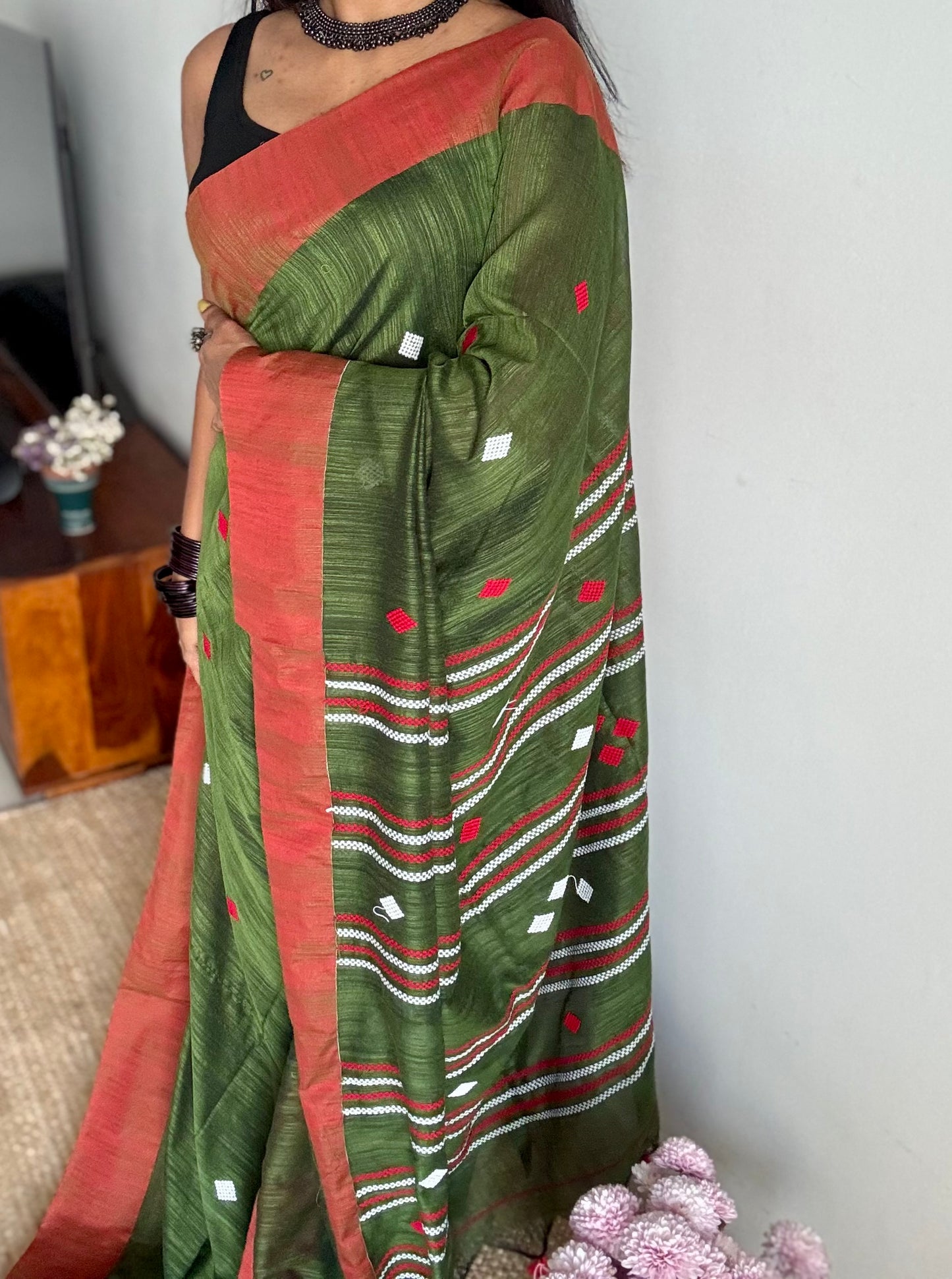 Green with burnt orange, soft cotton with woven motifs - YCBCKCDE26