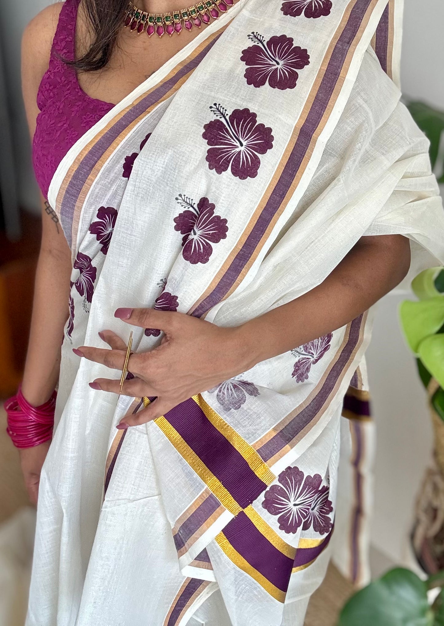Ivory and gold soft cotton saree, wine hibiscus (chembarathi) flowers - YCIEON63