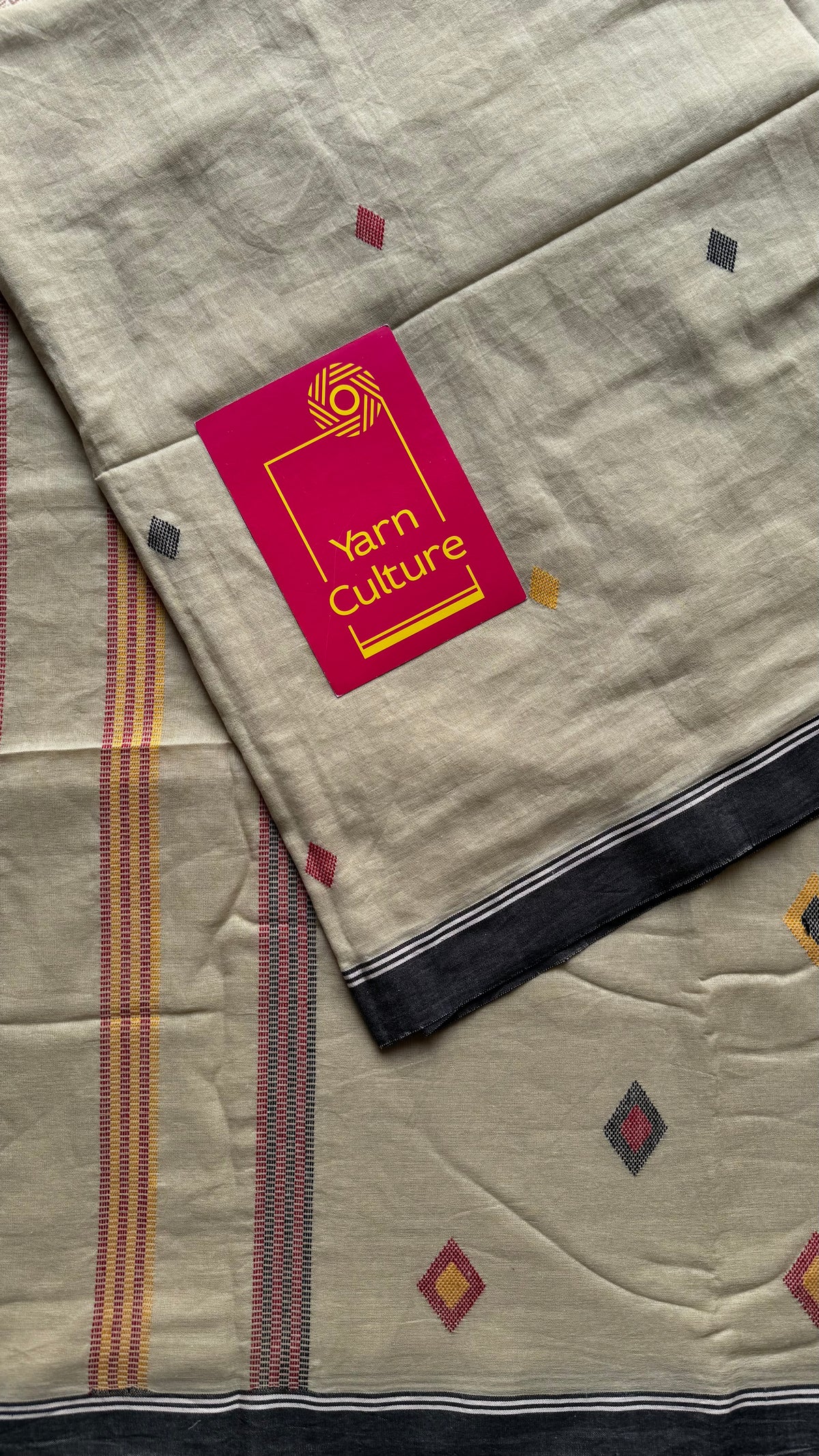 Handloom Bengal soft cotton saree, beige with woven buttas and black borders - YCBCMCSE39