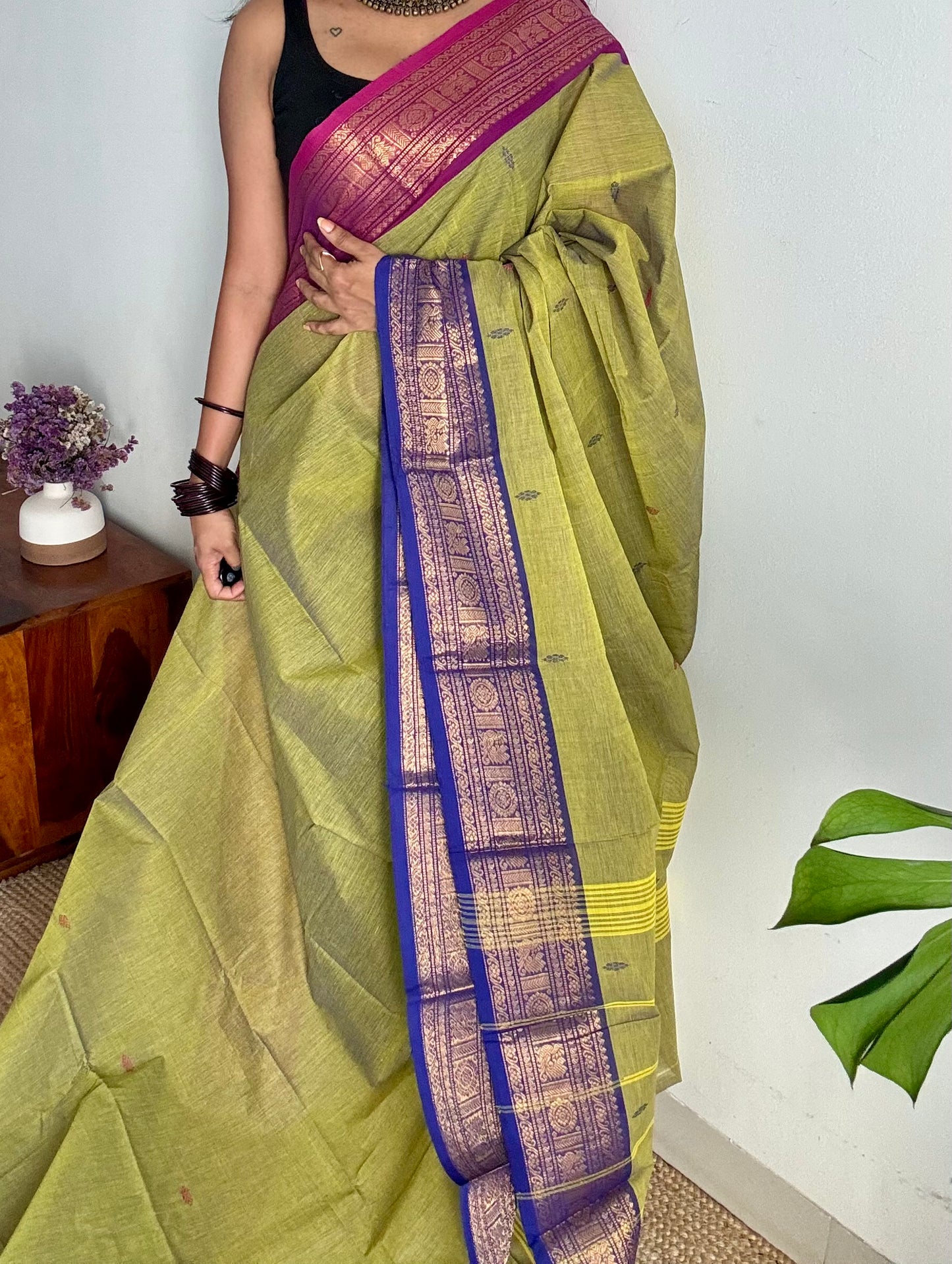 Green with magenta pink and royal blue contrast, kanchi cotton saree - YCCOTNMA326