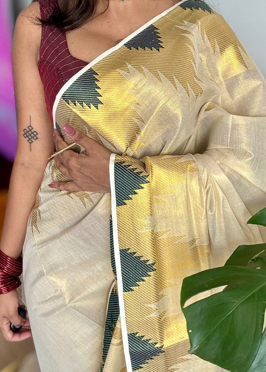 Ivory and gold kerala kasavu saree, dark green temple border - YCIEON47