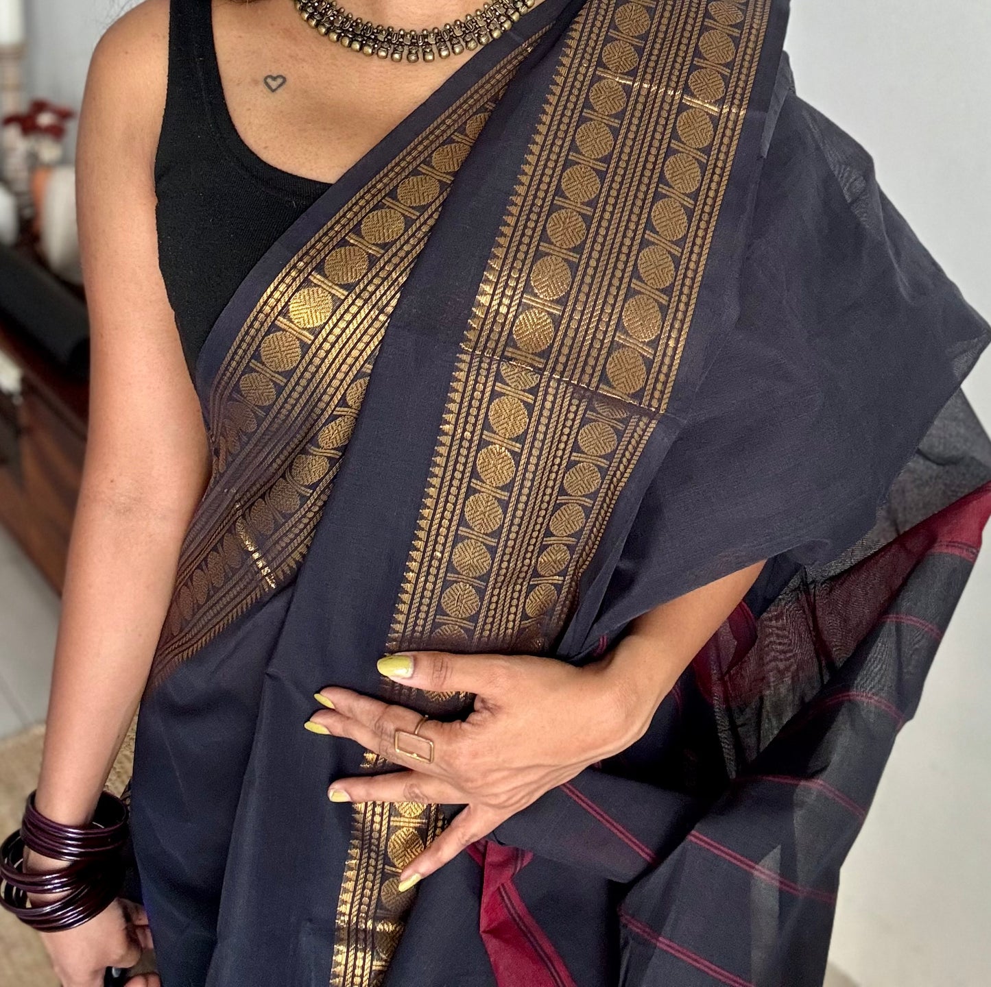 Chettinad cotton saree in black with zari motif border - YCCOTNJUCC08