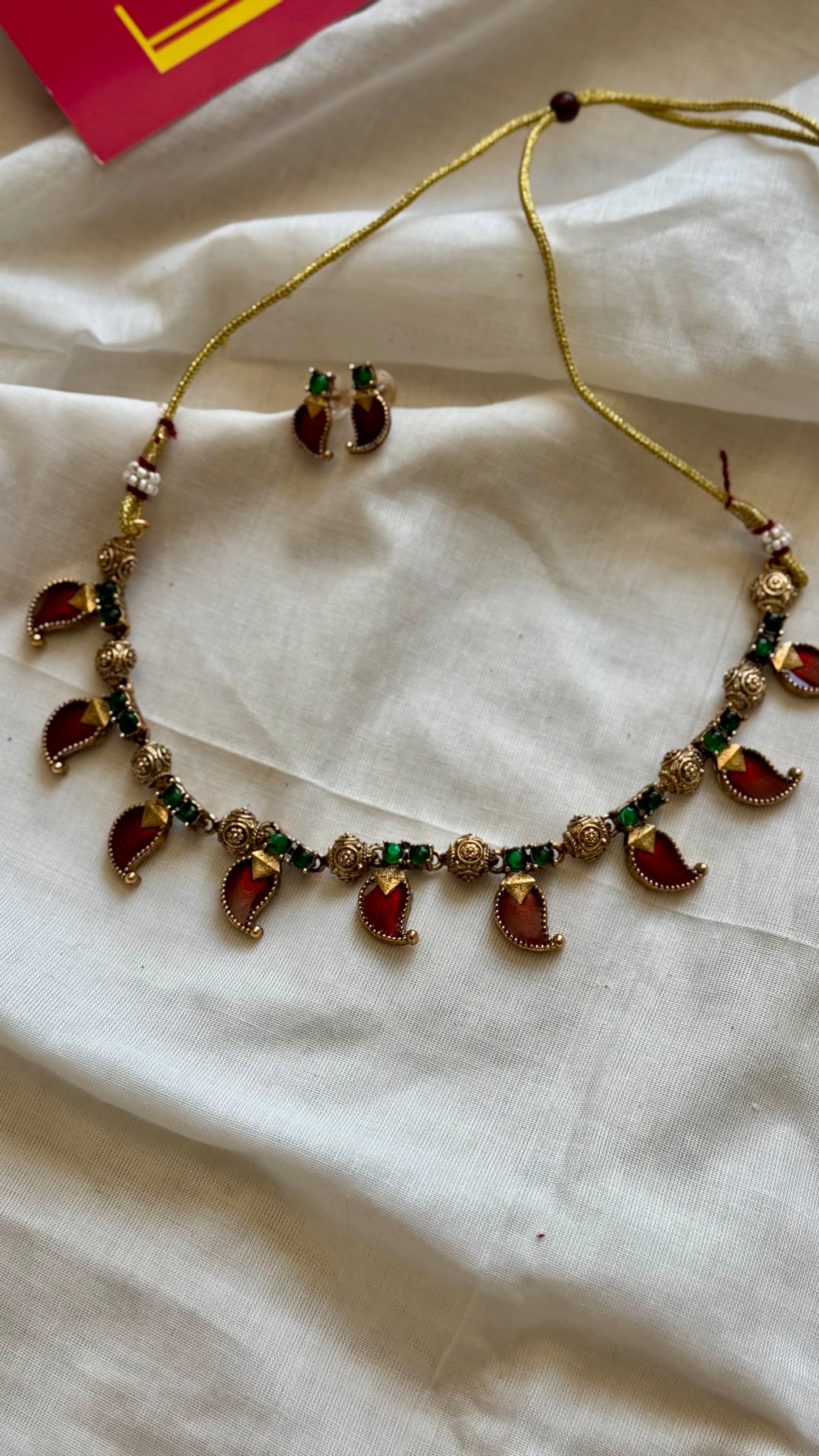 Red mango palakka neckpiece, with earrings - YCGPNP620