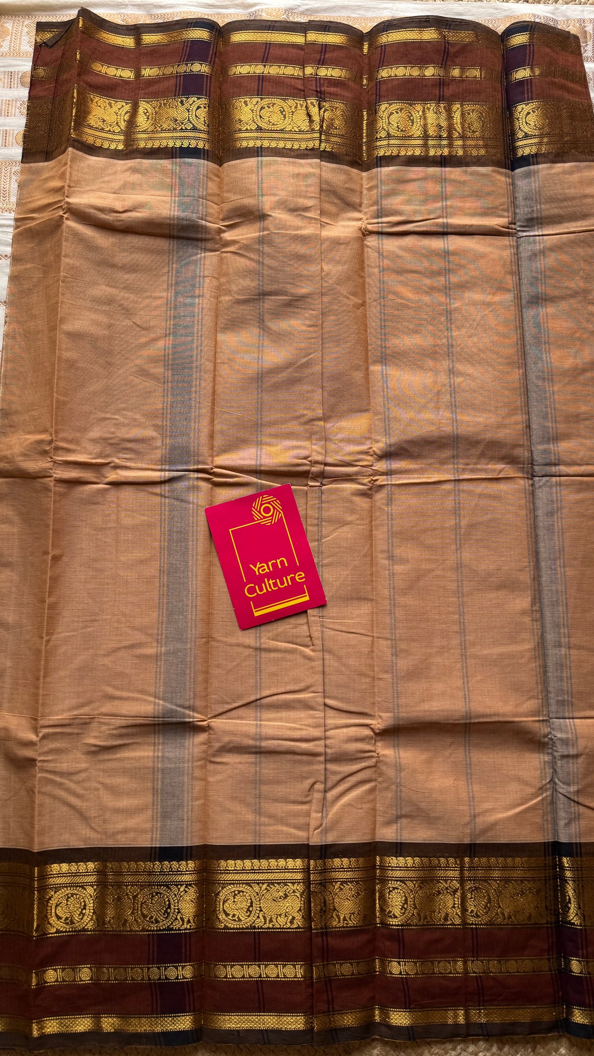Sandal with brown gap zari border, chettinad cotton saree - YCCOTNCCOC120