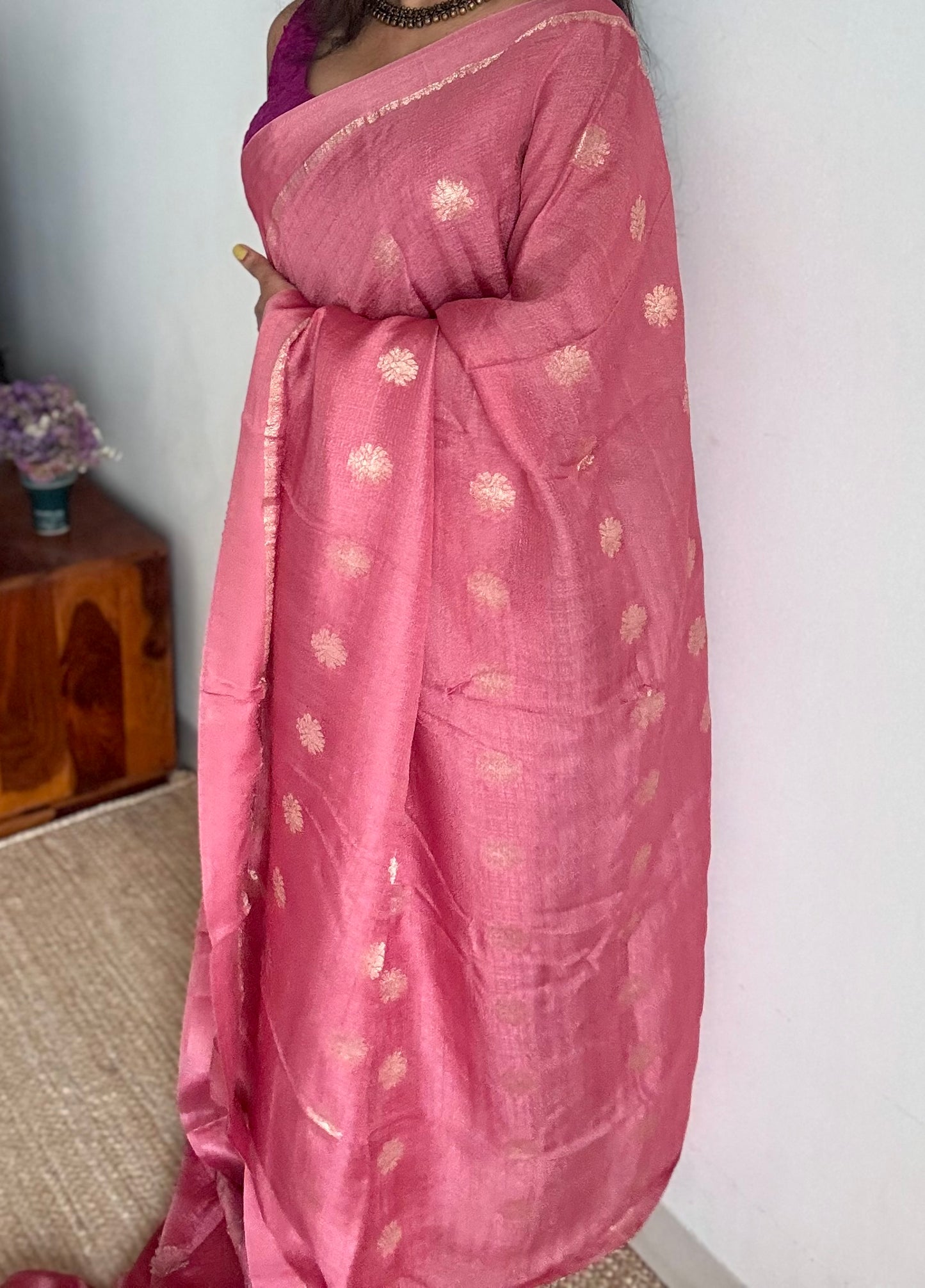 Onion pink in viscose soft silk with satin border, jacquard zari motifs - YCDOSFE199