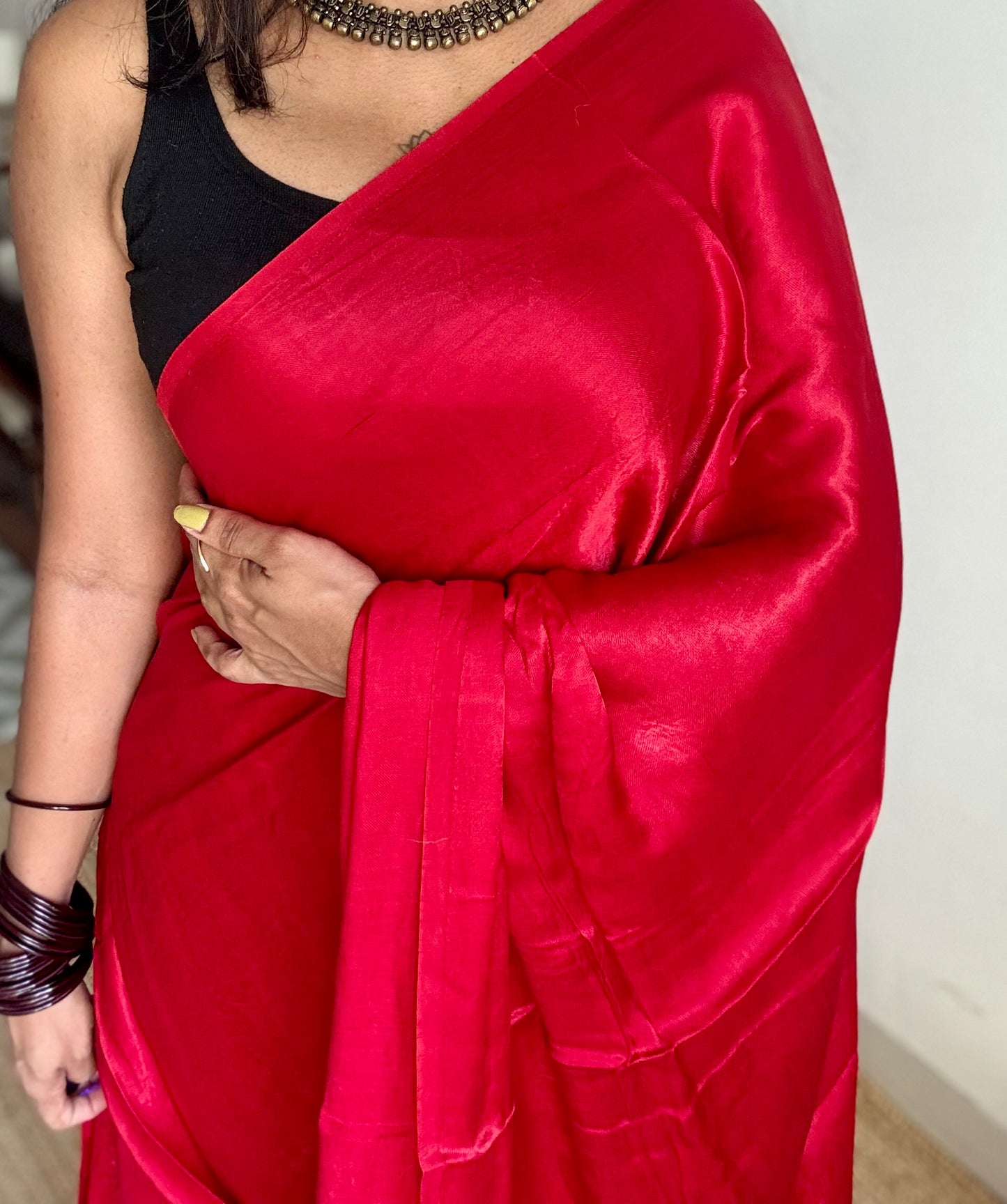 Plain red pure modal silk saree with gold zari pallu - YCTOKBM336