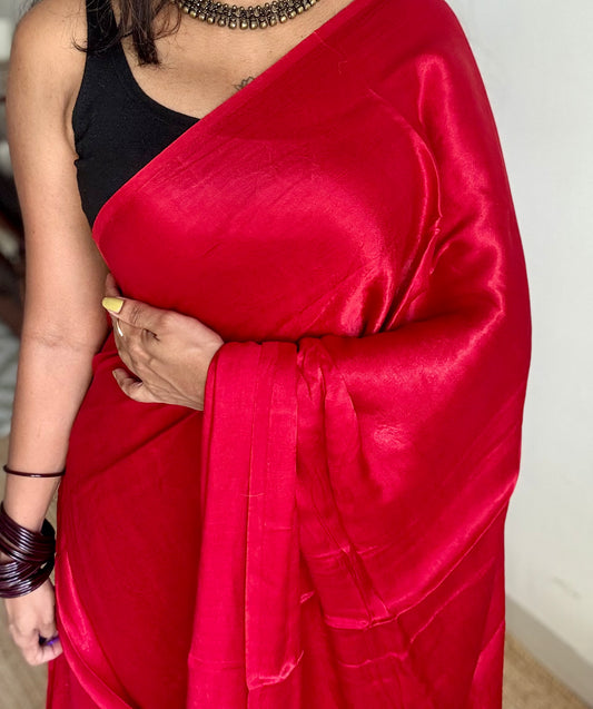 Plain red pure modal silk saree with gold zari pallu - YCTOKBM336