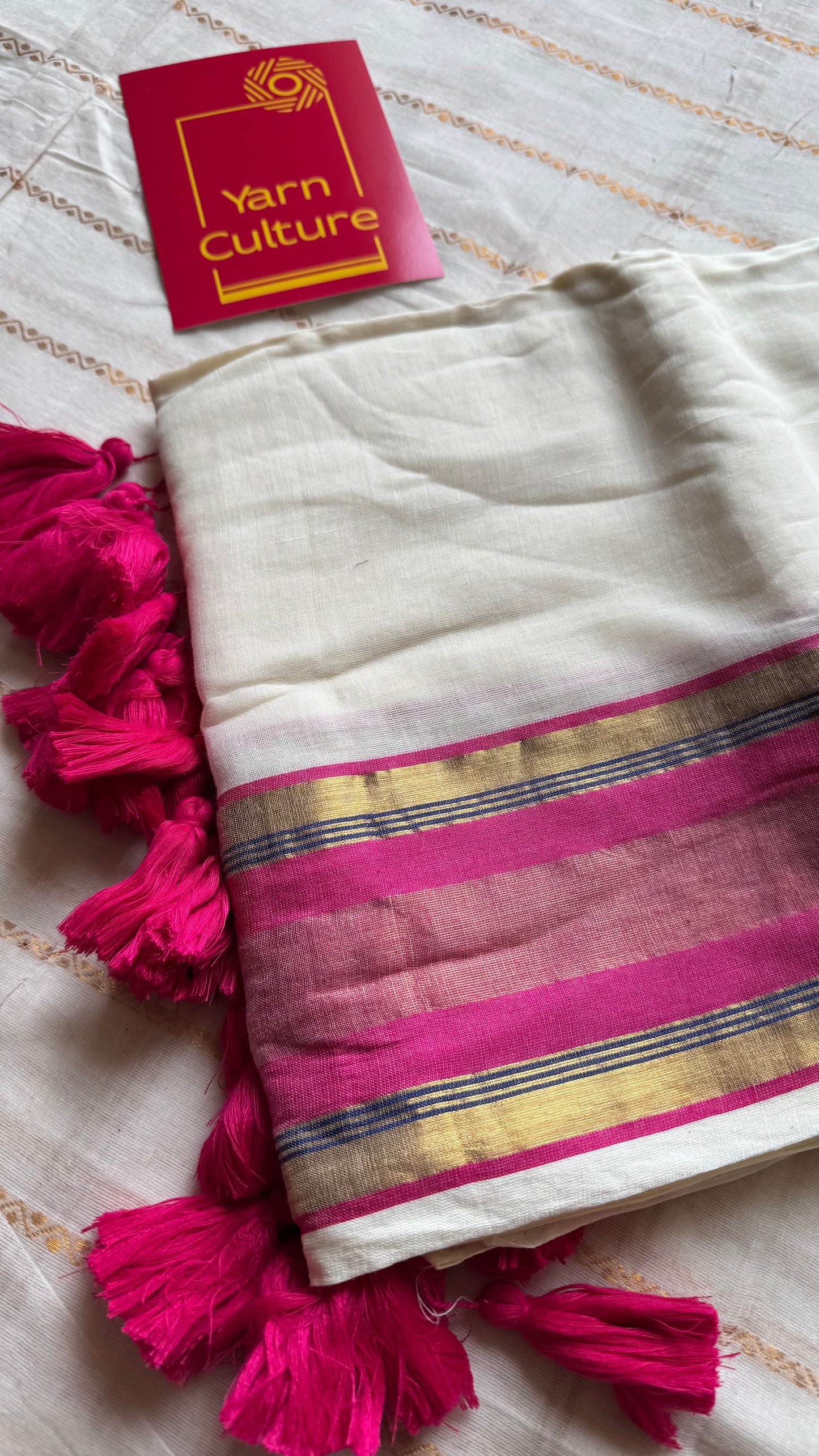 Ivory mul saree, hot pink and gold border  - YCIEON25