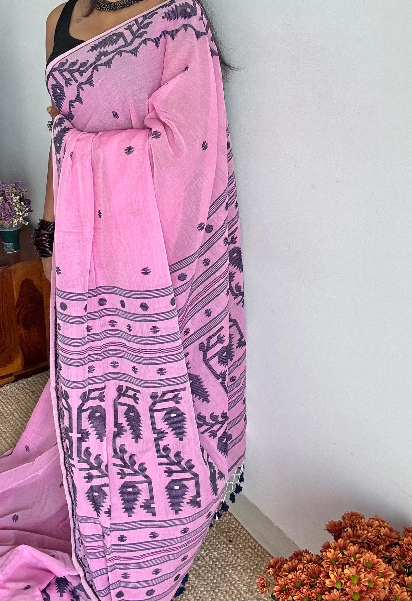 Pink with dark blue contrast jamdani saree in soft handloom cotton - YCBCJDFE379