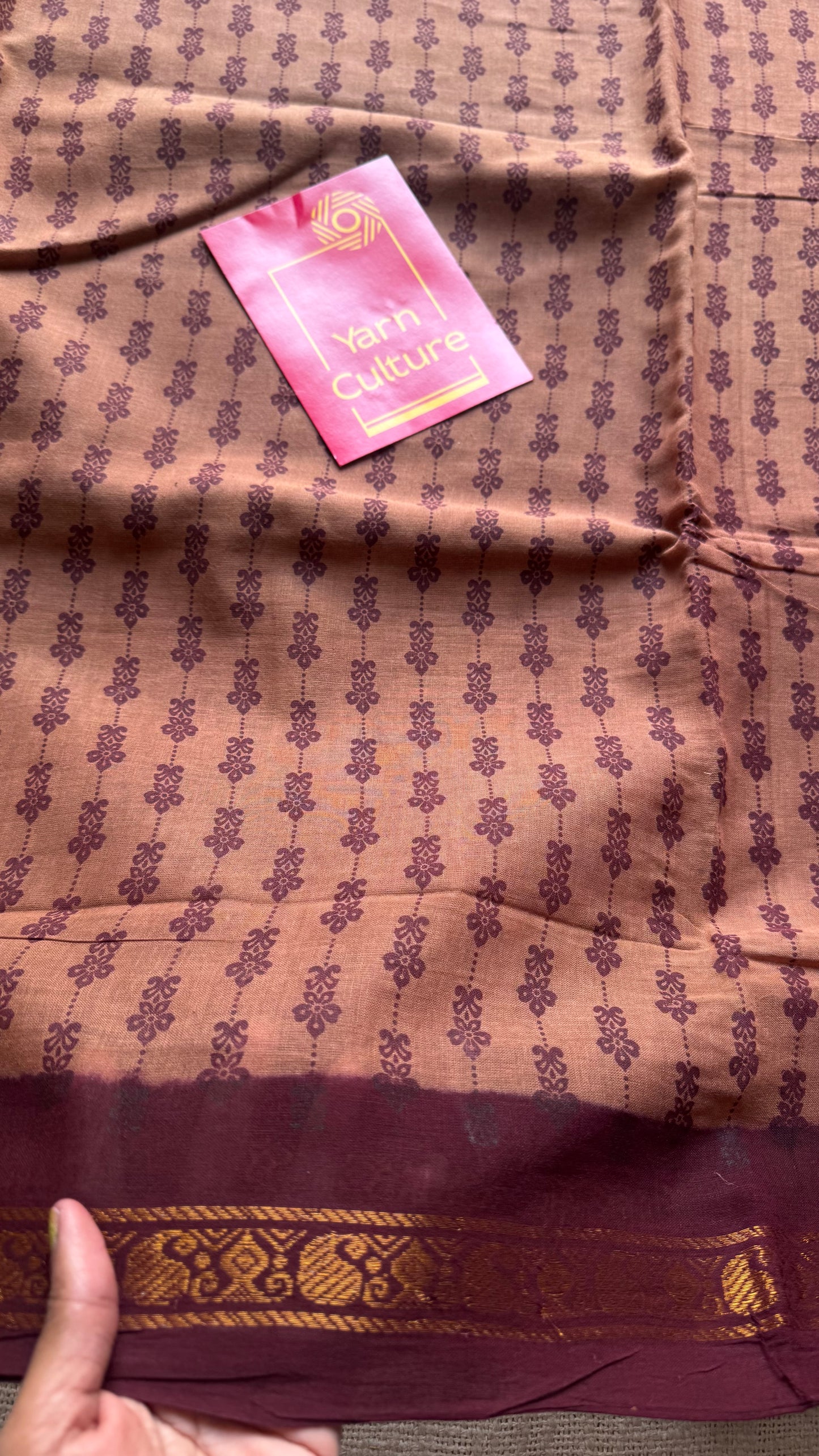Madisar saree (9 yards) - Light brown with maroon, motif printed, kattuchayam dyed madurai sungudi cotton saree - YCCOTNMSFE78