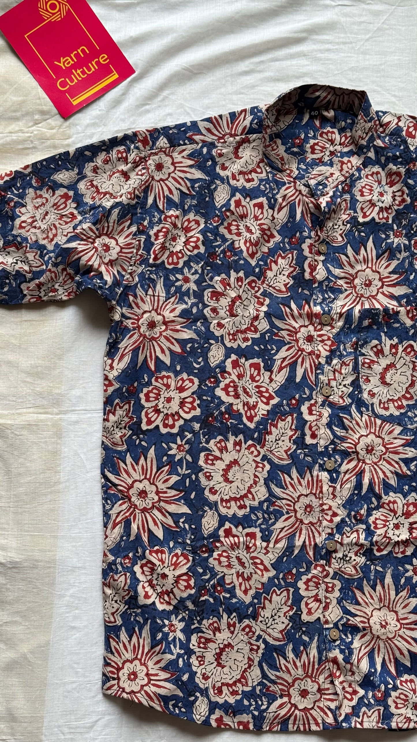 Indigo Floral Block Printed Cotton Men's Half Sleeve Mandarin Collar Kurta Shirt - YCMSEIE189