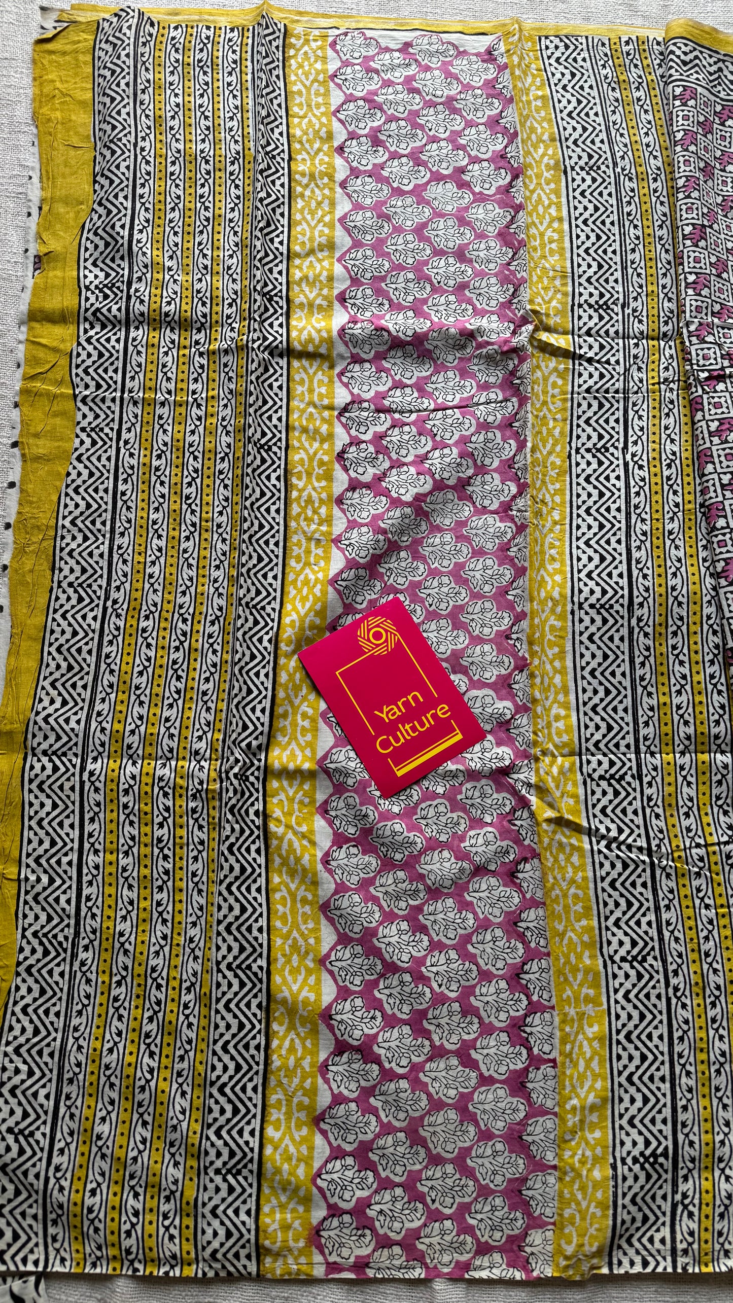 Beige with black and dusty pink checks, yellow border, block printed soft cotton saree - YCTORCMA13