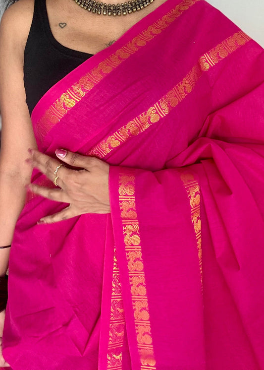 Hot pink rettaipettu peacock gap border, kattuchayam dyed madurai cotton saree  - YCCOTNMSAP101