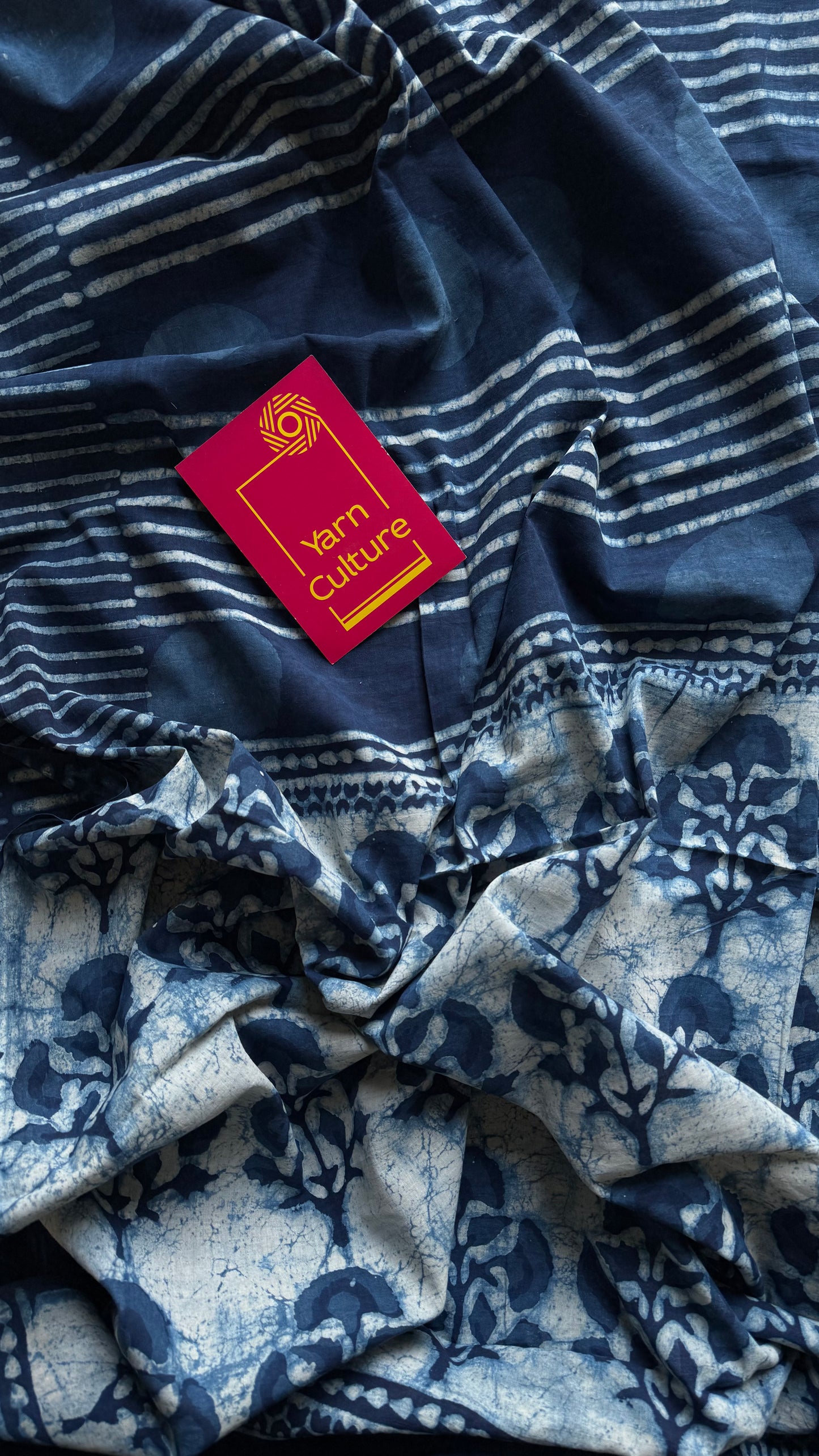 Indigo with circle and line motifs, block printed soft cotton saree - YCTORCMA24