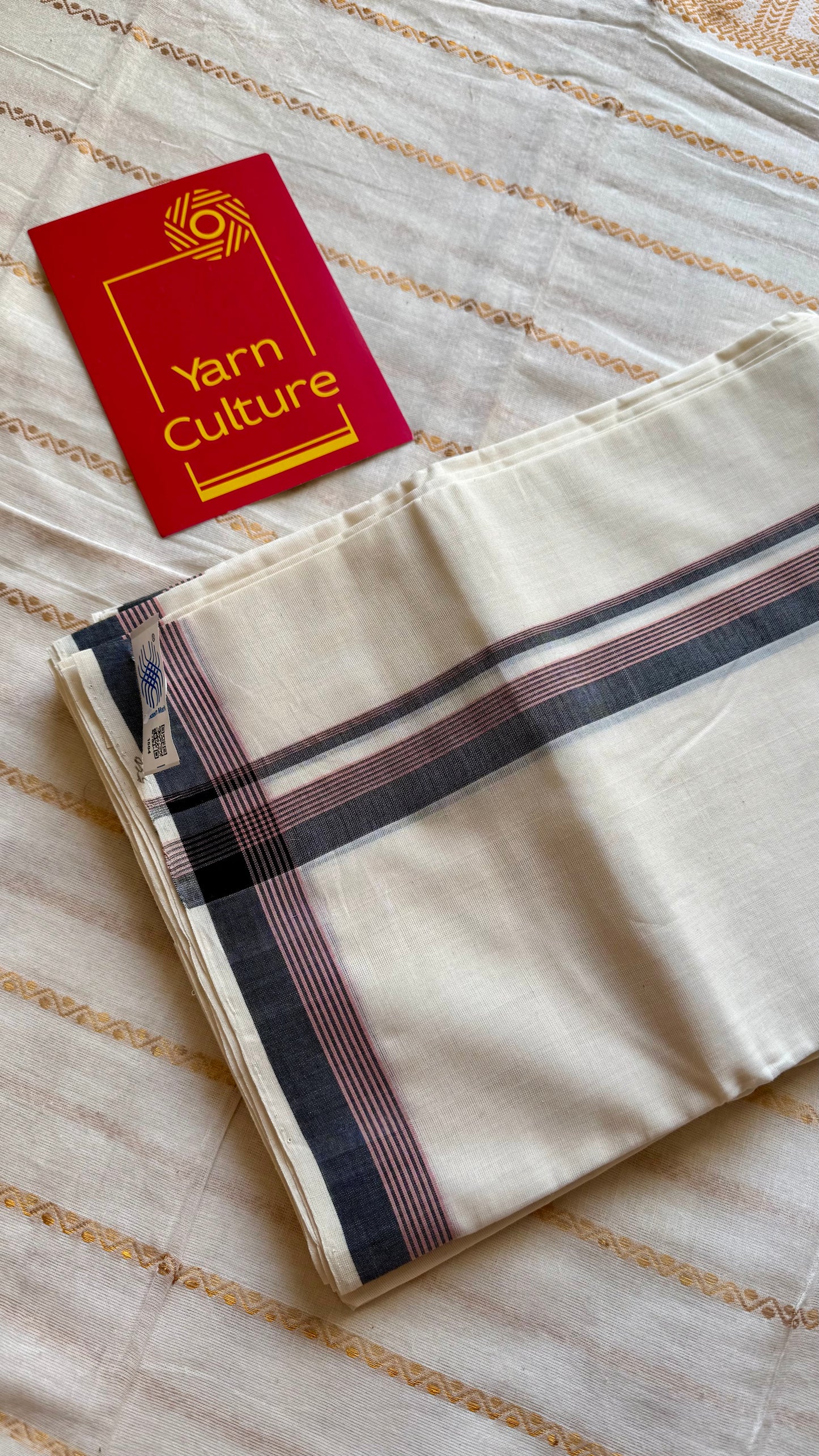 Ivory Chendamangalam Handloom Double Mundu with Black & Pink Striped Kara | Soft Cotton Men's Dhoti - YCMSEIE169