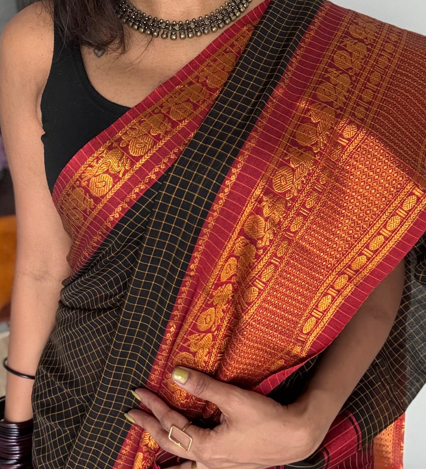 Black checks with red zari border, premium narayanpet, soft cotton - YCWOTDNPCFE20