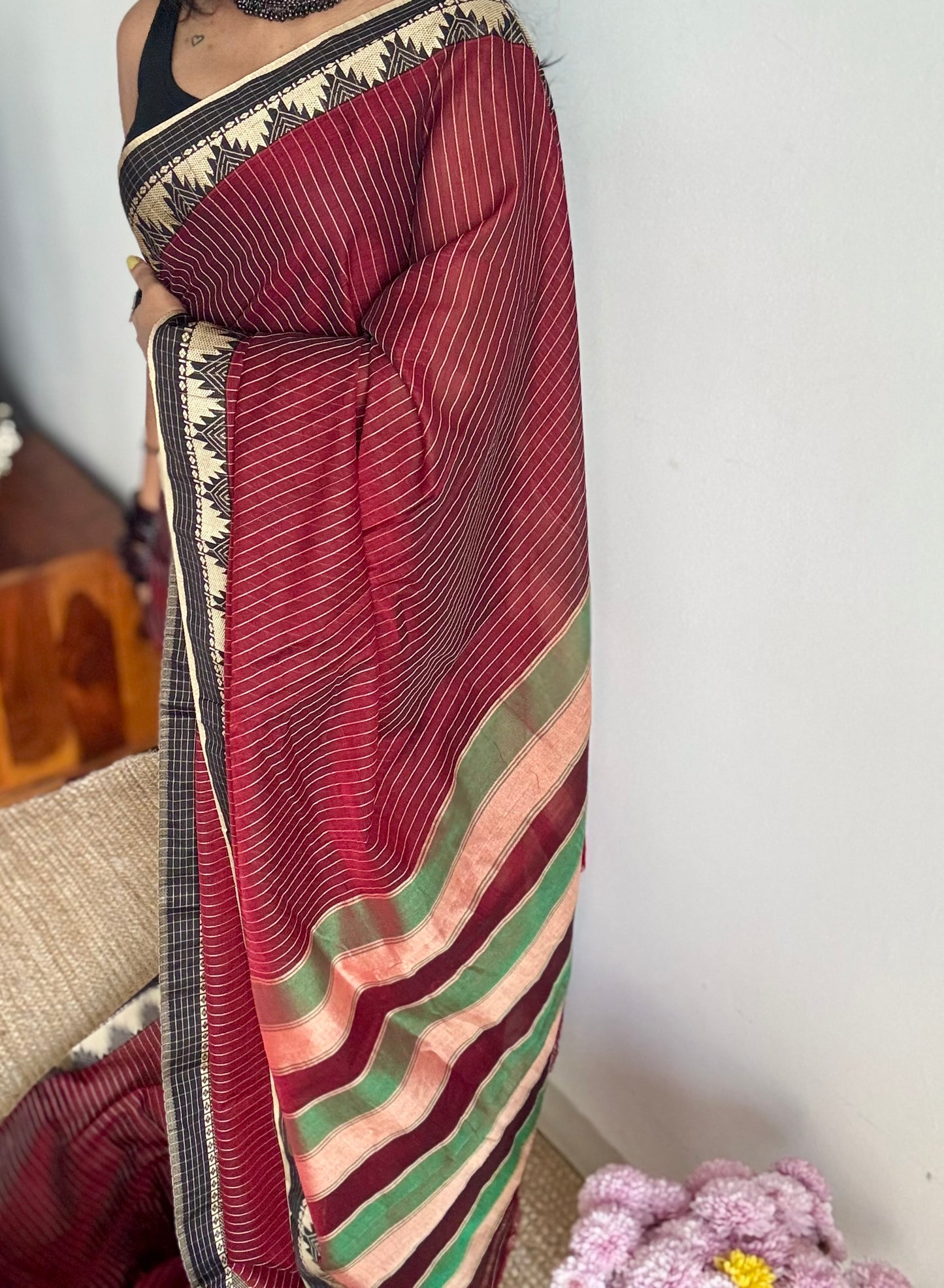 Maroon striped premium narayanpet soft cotton, with temple motif and checkered border - YCWOTDNPNO86