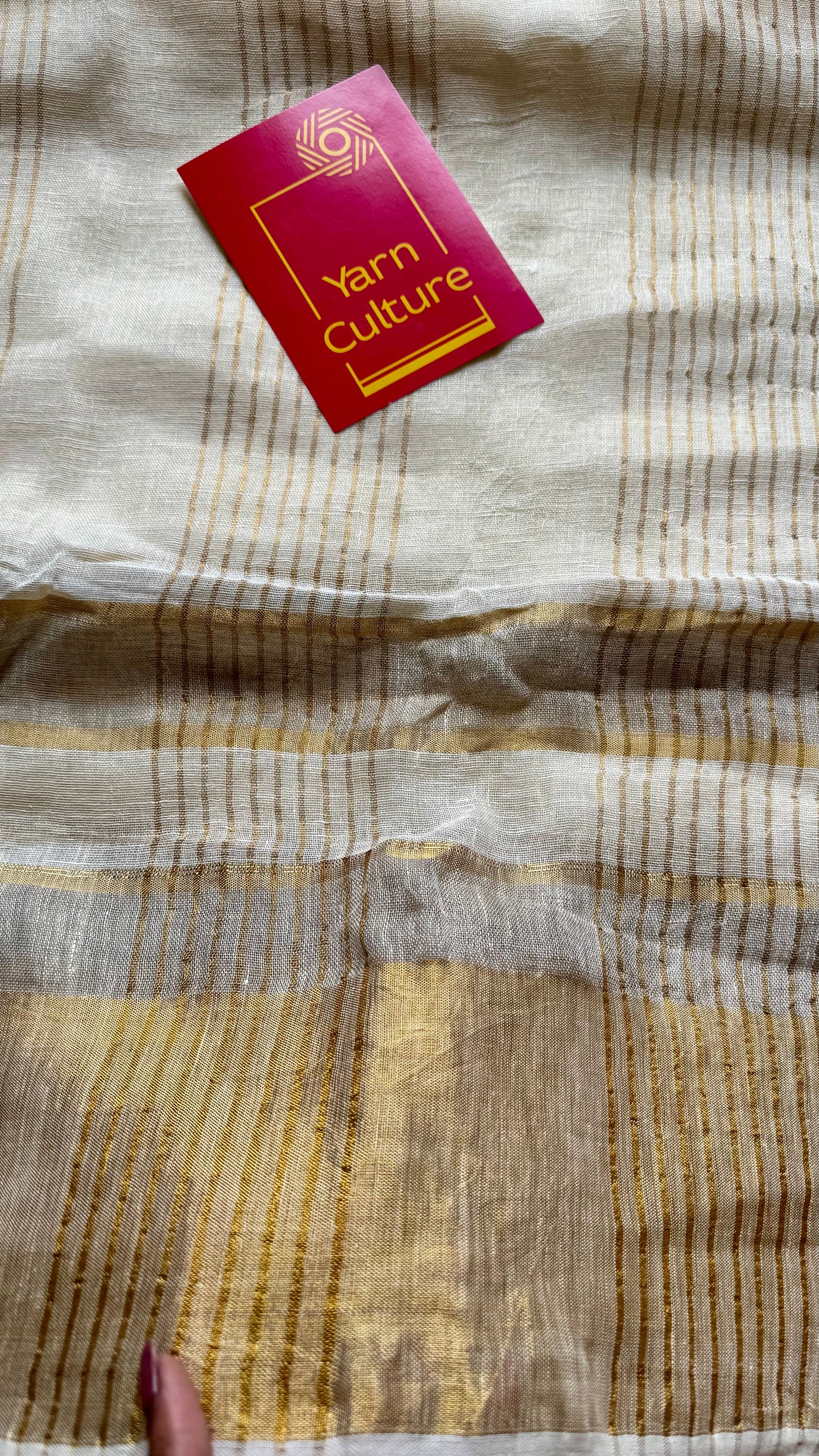 Pure ivory linen, gold and silver zari border - YCIEON27