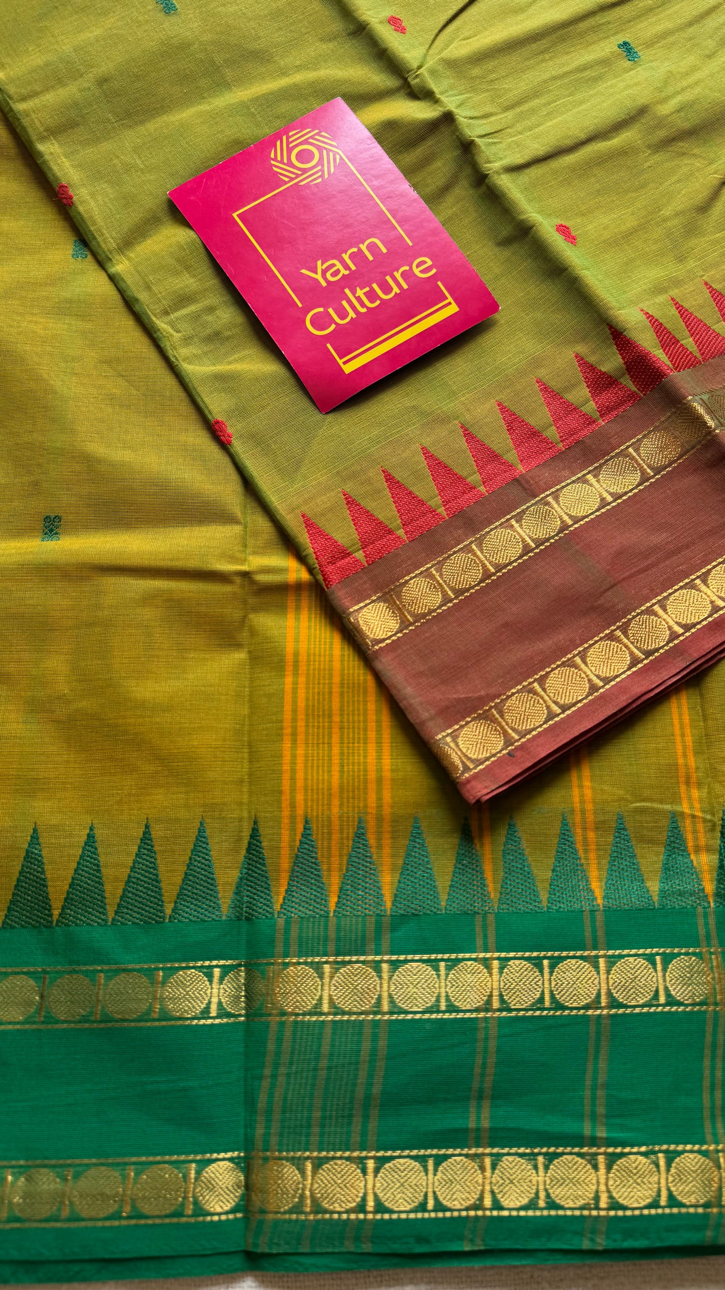 Kanchi cotton saree, light green with light brown and green dual border - YCCOTNAP101