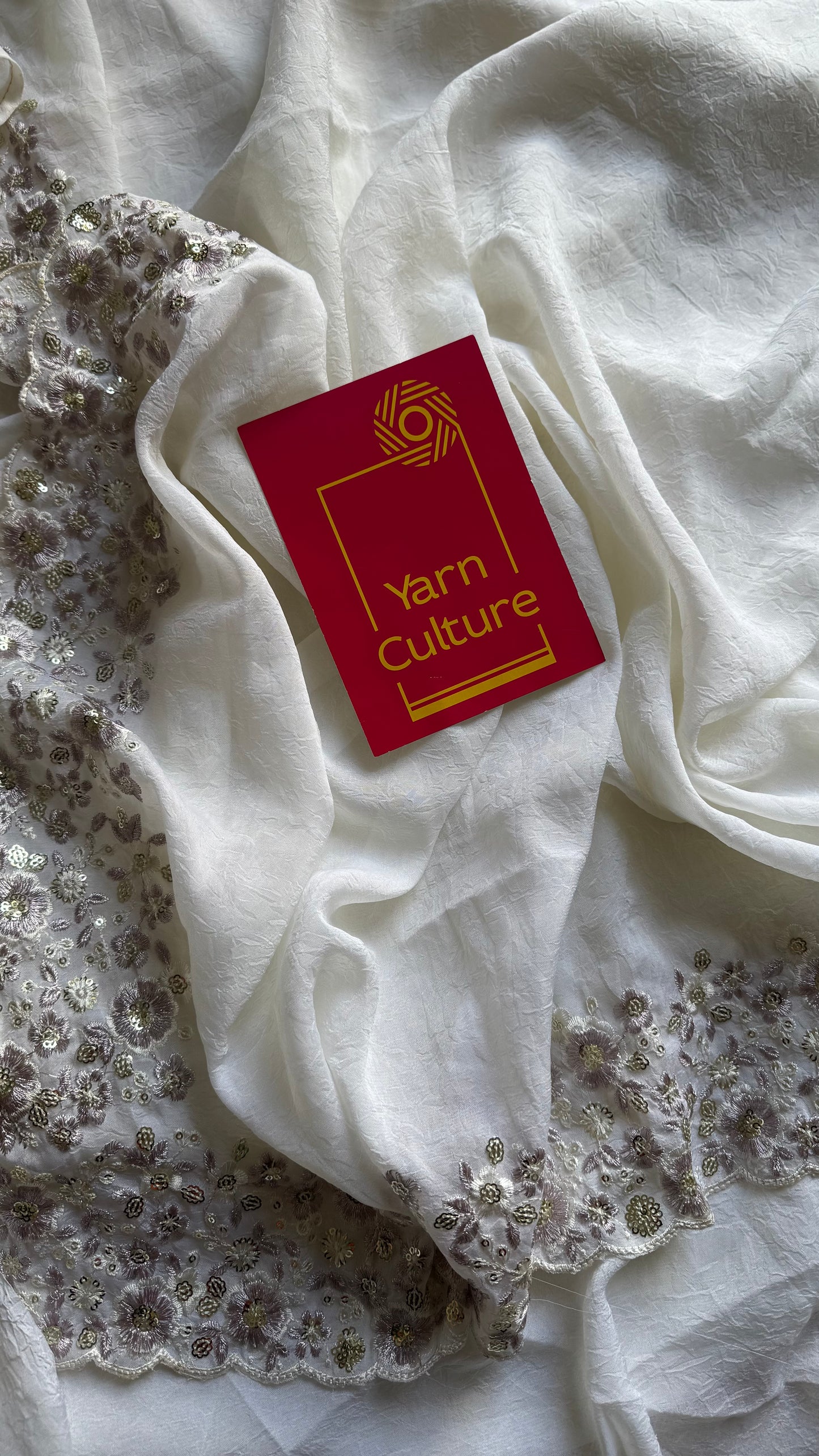 White Whimsy - white with floral sequins embroidered borders, semi-crepe- YCDOSNO48