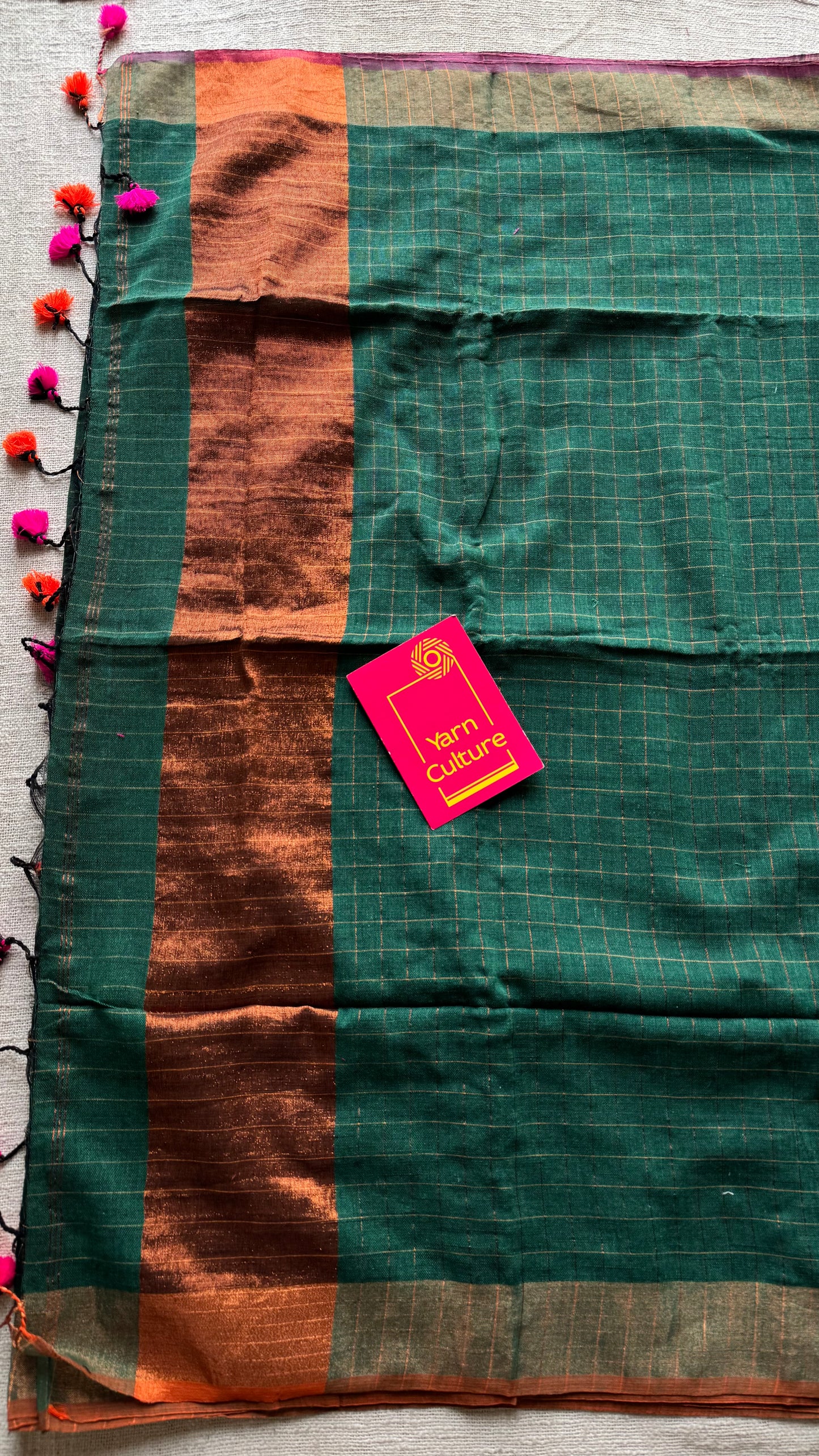 Green linen by cotton saree, gold checks & copper zari pallu - YCBCLCAP56