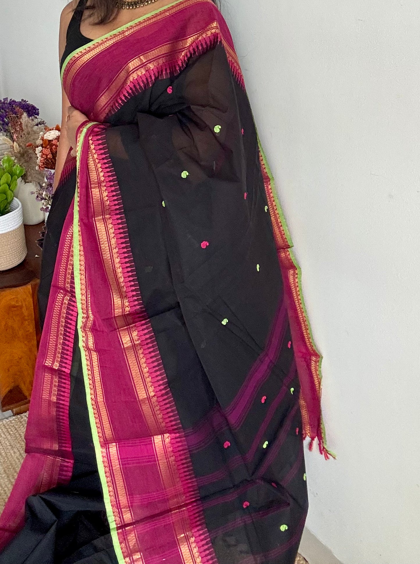 Kanchi cotton saree, black with magenta and pista green border - YCCOTNAP84