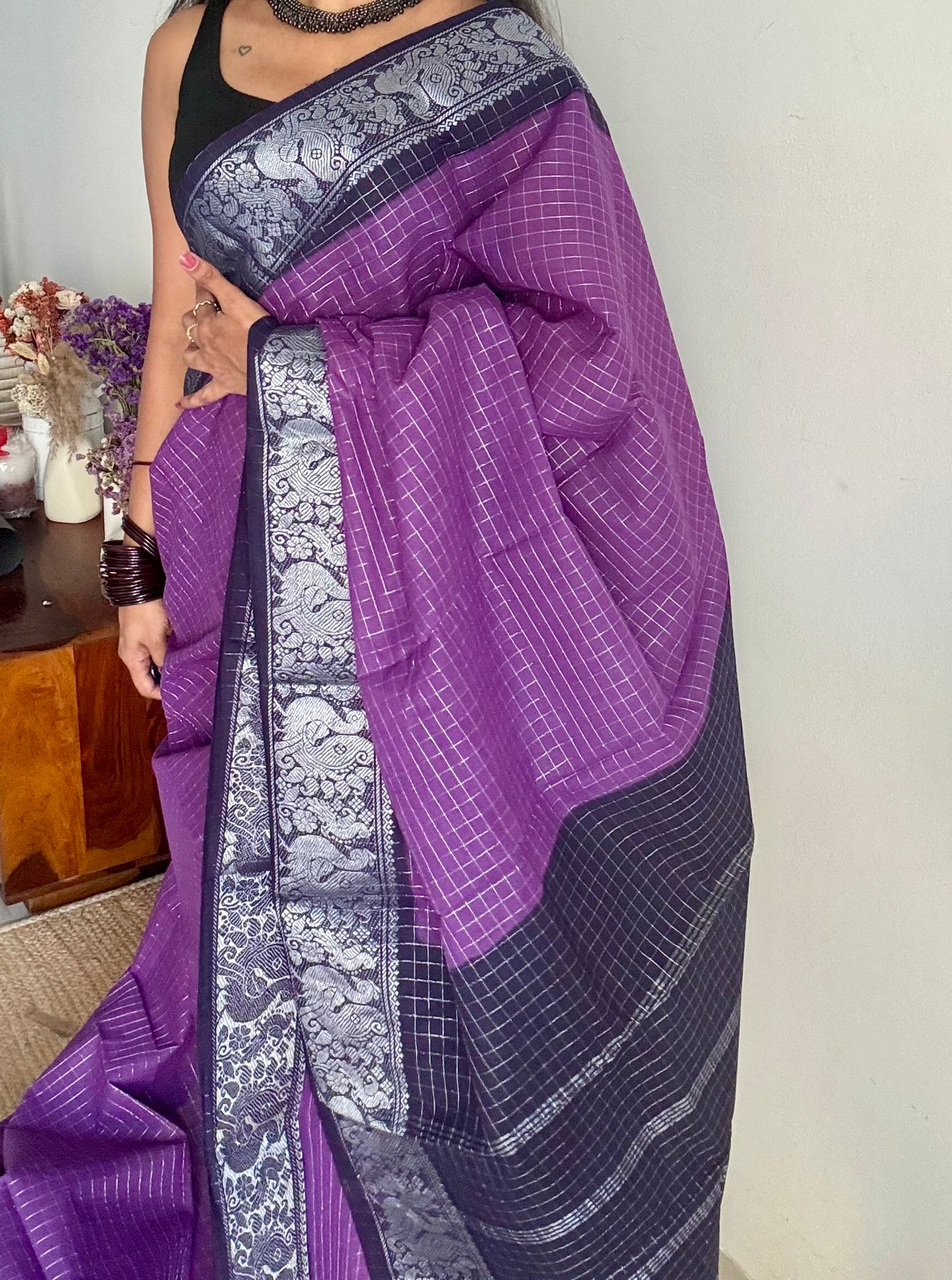 Purple with dark blue, silver zari checkered sungudi, kattuchayam dyed madurai cotton - YCCOTNMSAP105
