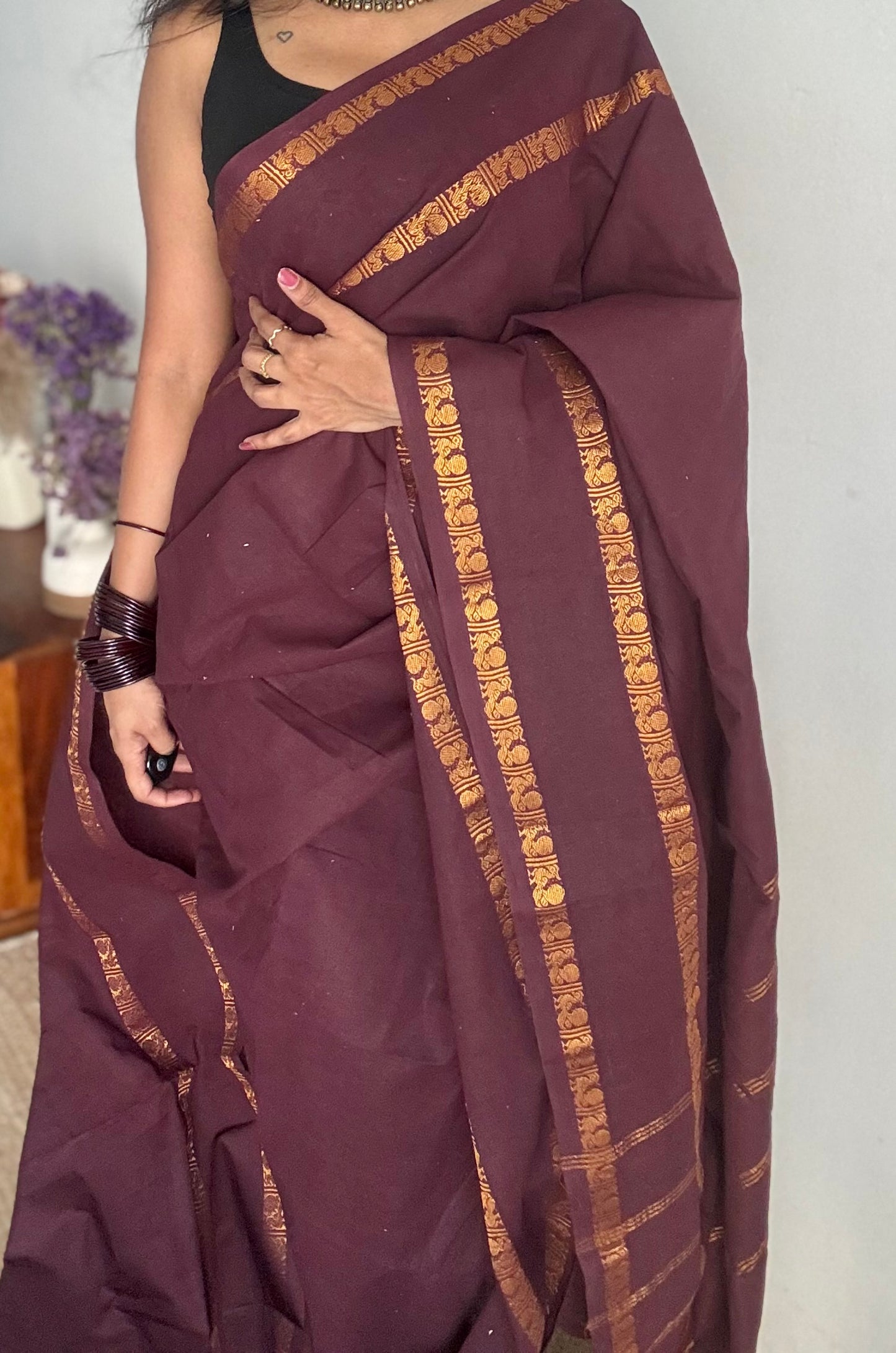 Coffee brown rettaipettu peacock gap border, kattuchayam dyed madurai cotton saree  - YCCOTNMSAP99