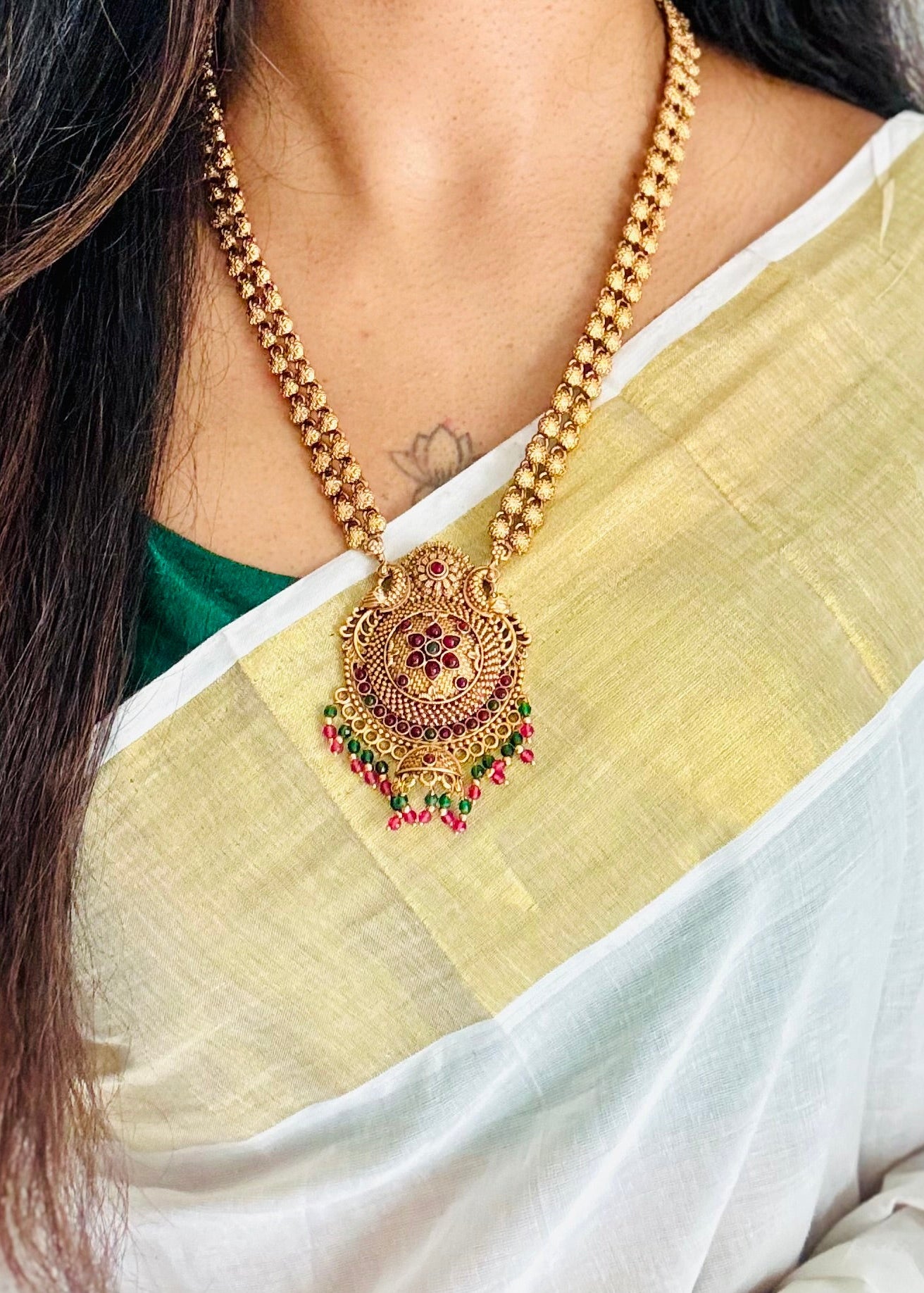 Long neckpiece with red stone pendant, green and red bead drops, statement piece, with earrings - YCGPNP726
