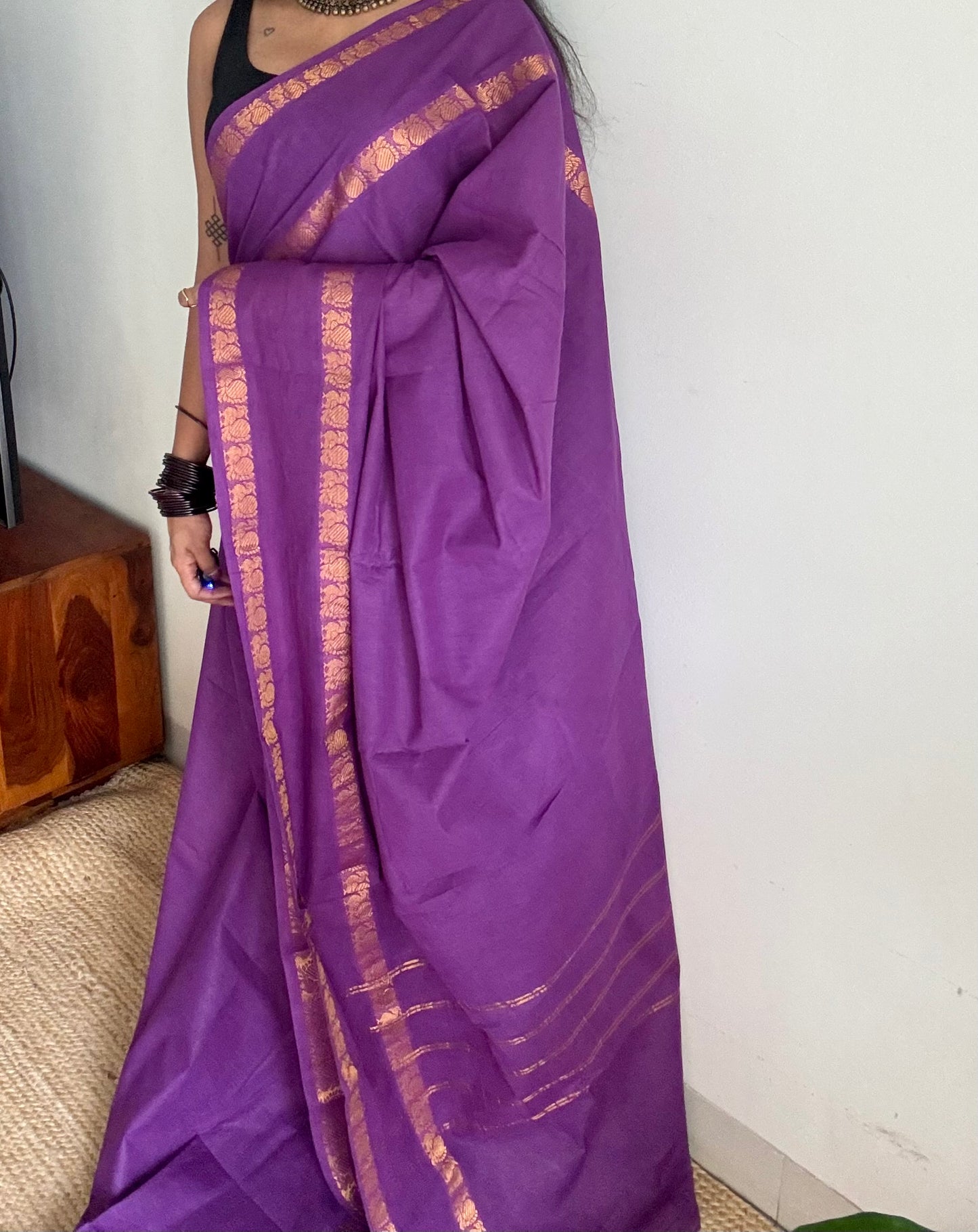 Purple rettaipettu peacock gap border, kattuchayam dyed madurai cotton saree  - YCCOTNMSJUL03