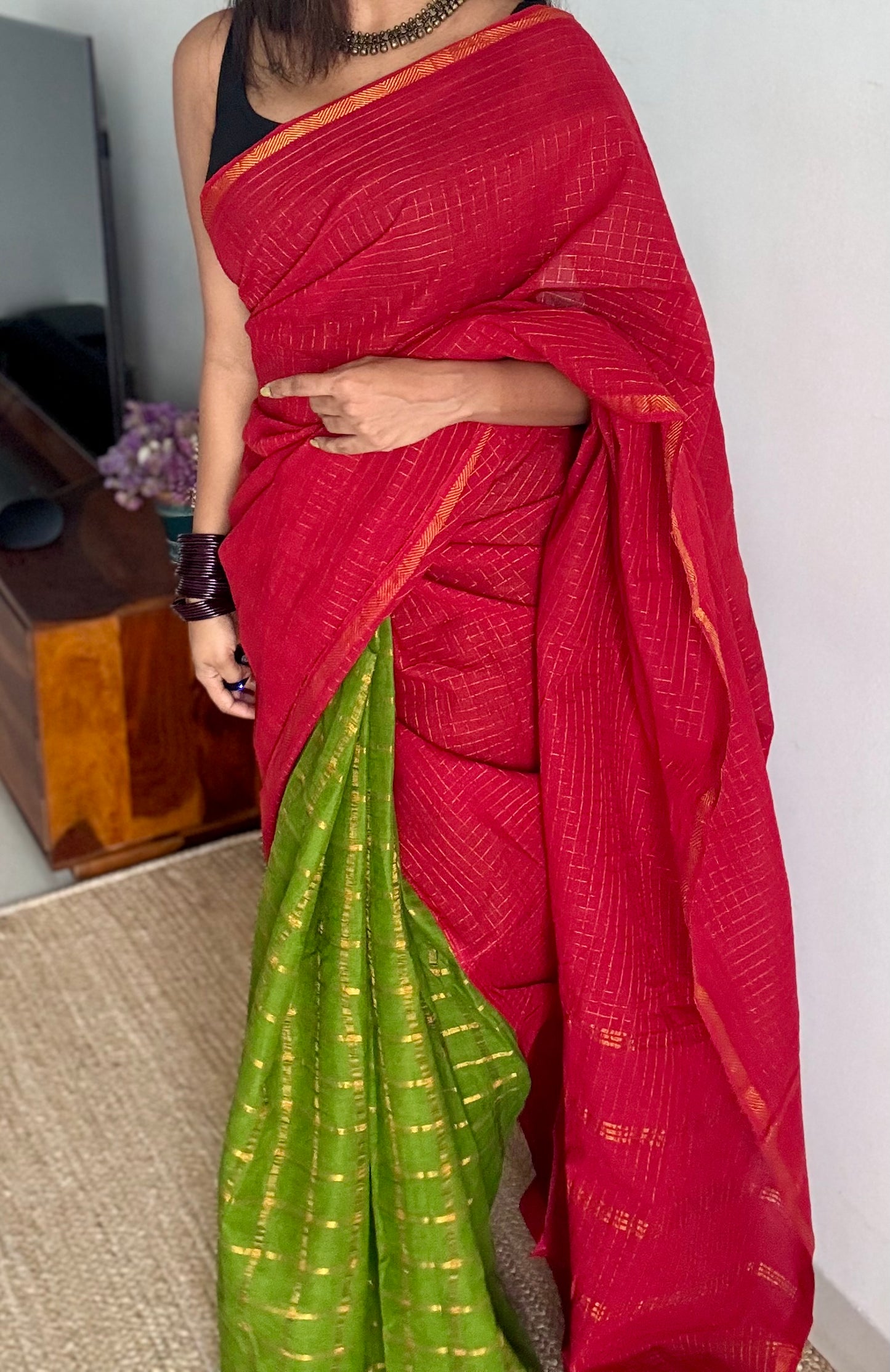 Chilli red with green, sungudi cotton half-half saree - YCCOTNMSFE348