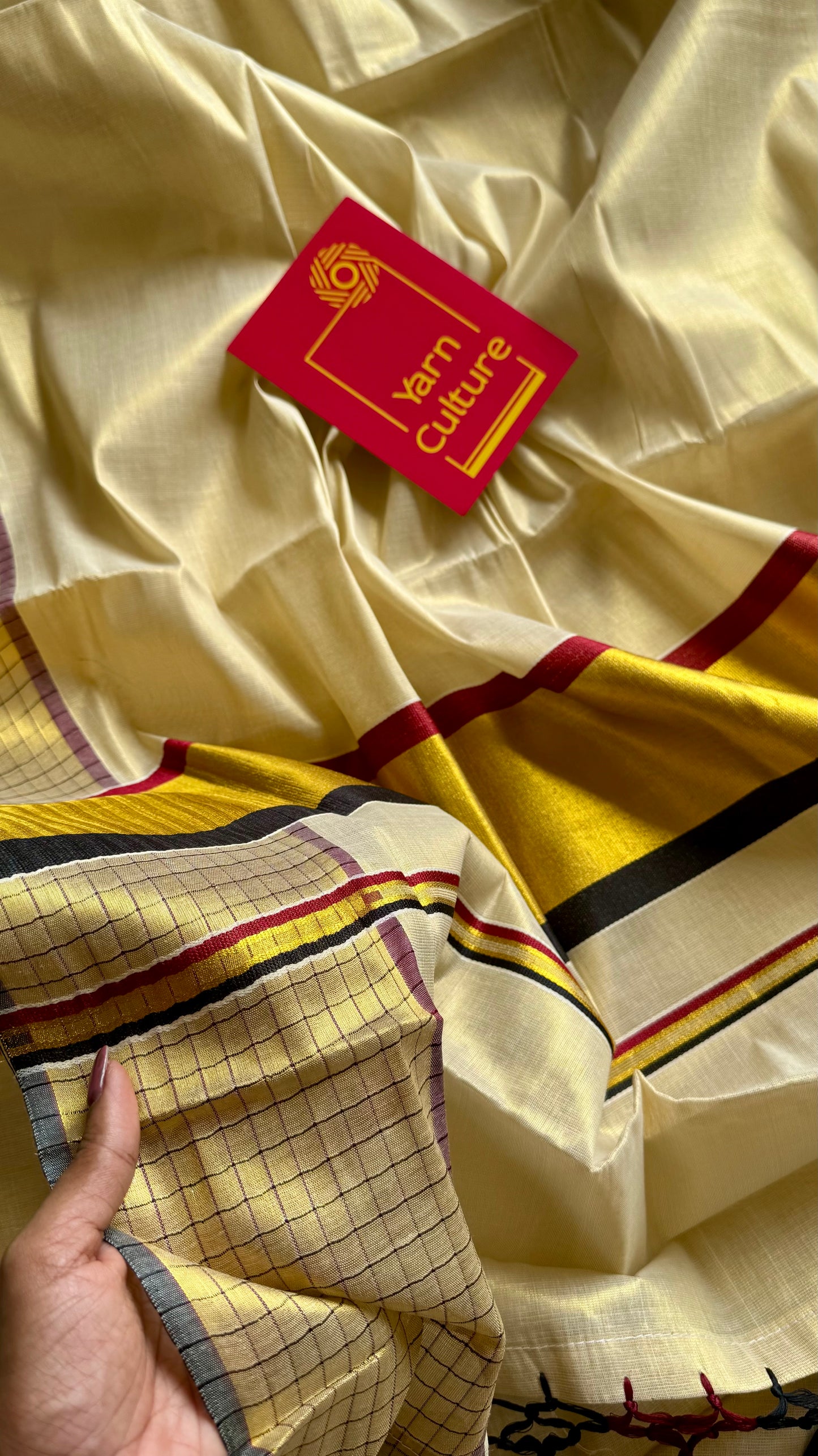 Ivory and gold soft tissue cotton saree, black and red, checkered border - YCIEON78
