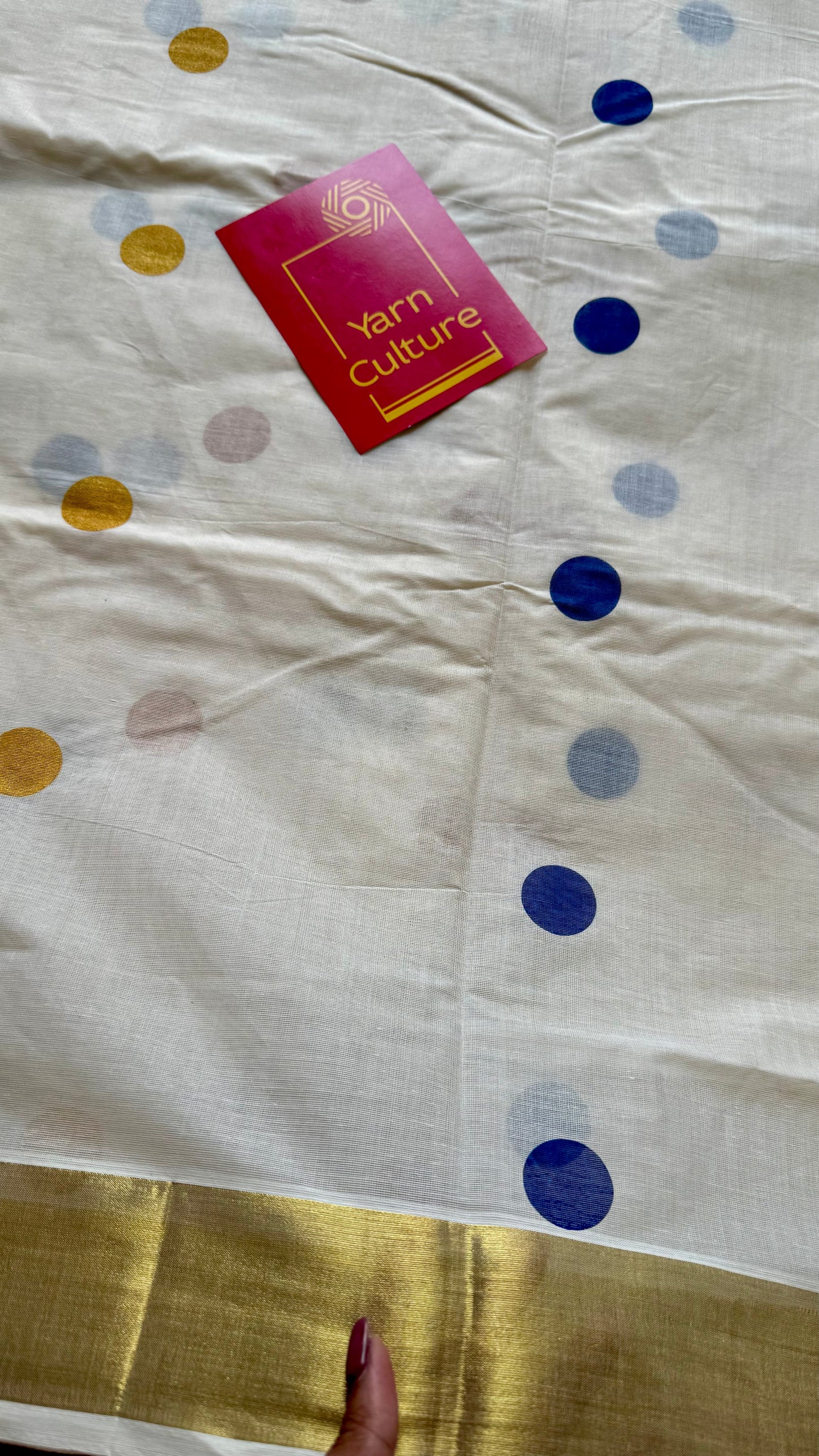 Ivory and gold soft cotton kasavu saree, navy blue and yellow polka - YCIEON73