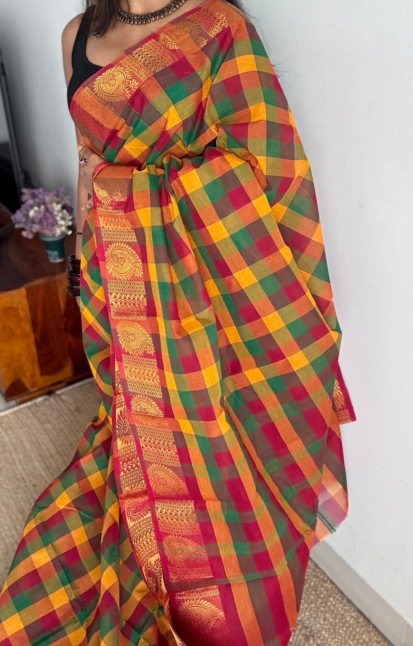 Multicolour Chettinad cotton saree with paalum pazhamum checks (green, yellow, orange, maroon) - YCCOTNCCFE340