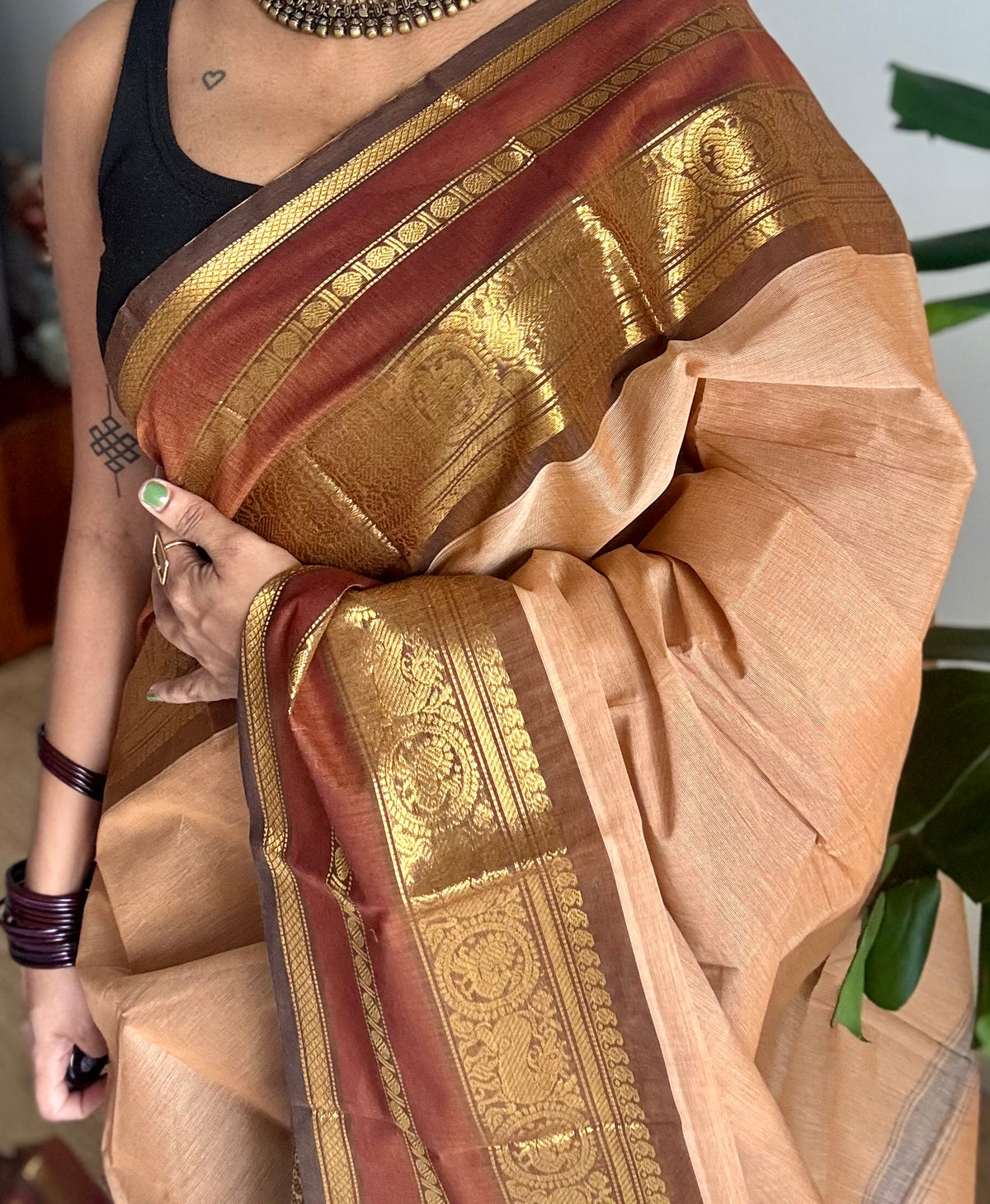 Sandal with brown gap zari border, chettinad cotton saree - YCCOTNCCOC120