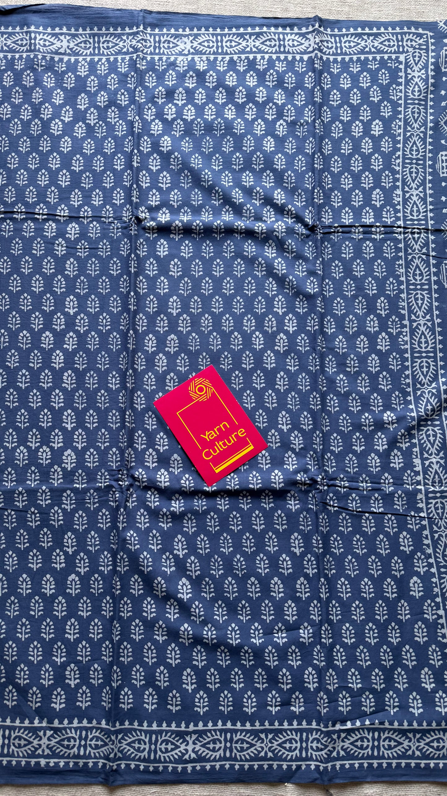 Greyish blue with off white floral block printed soft cotton saree - YCTORCMA21