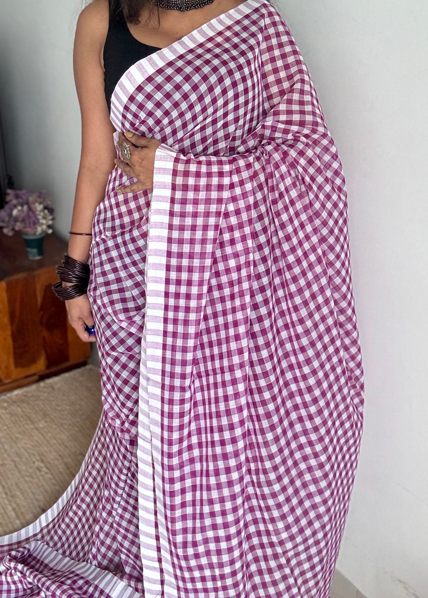 Purple and white checkered mul cotton saree  - YCBCMCCMA30