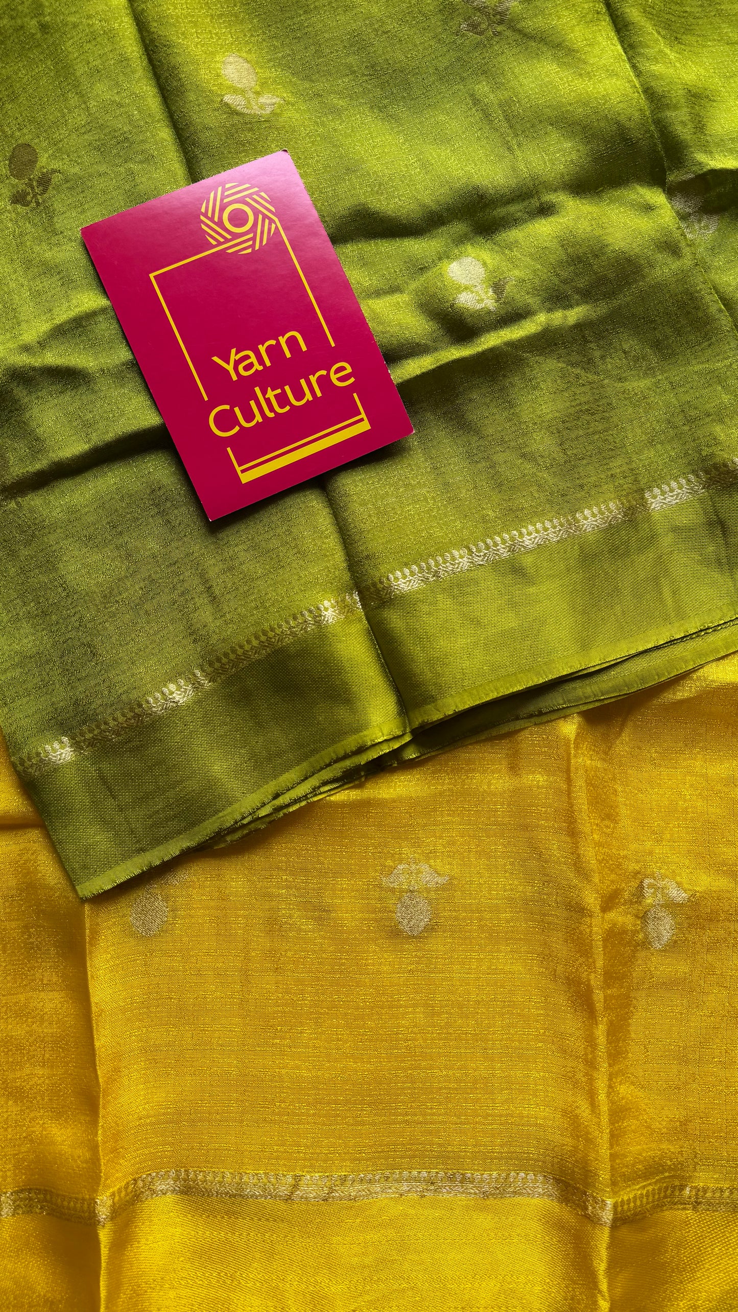 Yellow green dual tone in viscose soft silk with satin border, jacquard zari motifs - YCDOSFE194