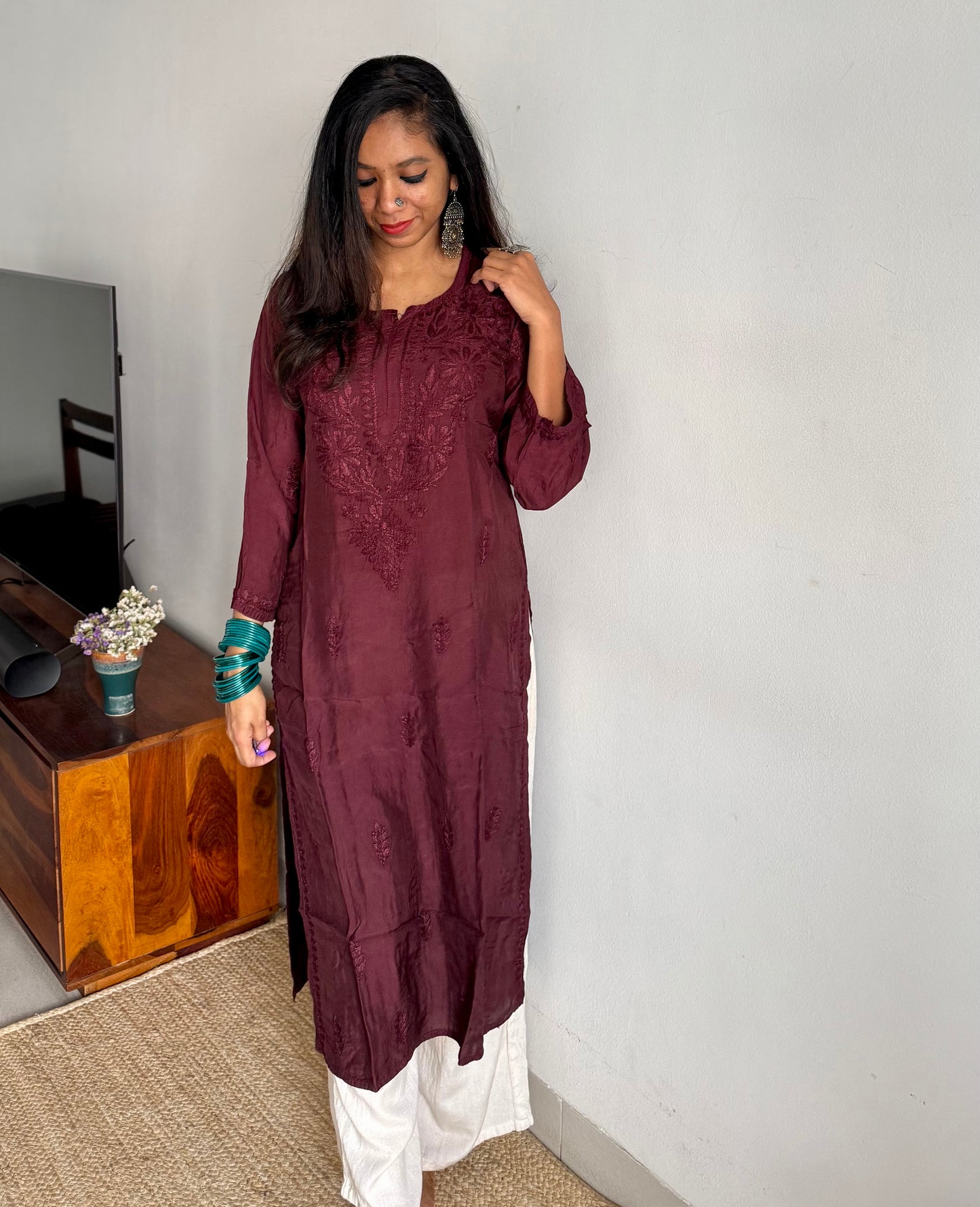 Wine muslin chikankari with ghas patti work, stitched kurta, round neck, three fourth sleeves - YCSECK41