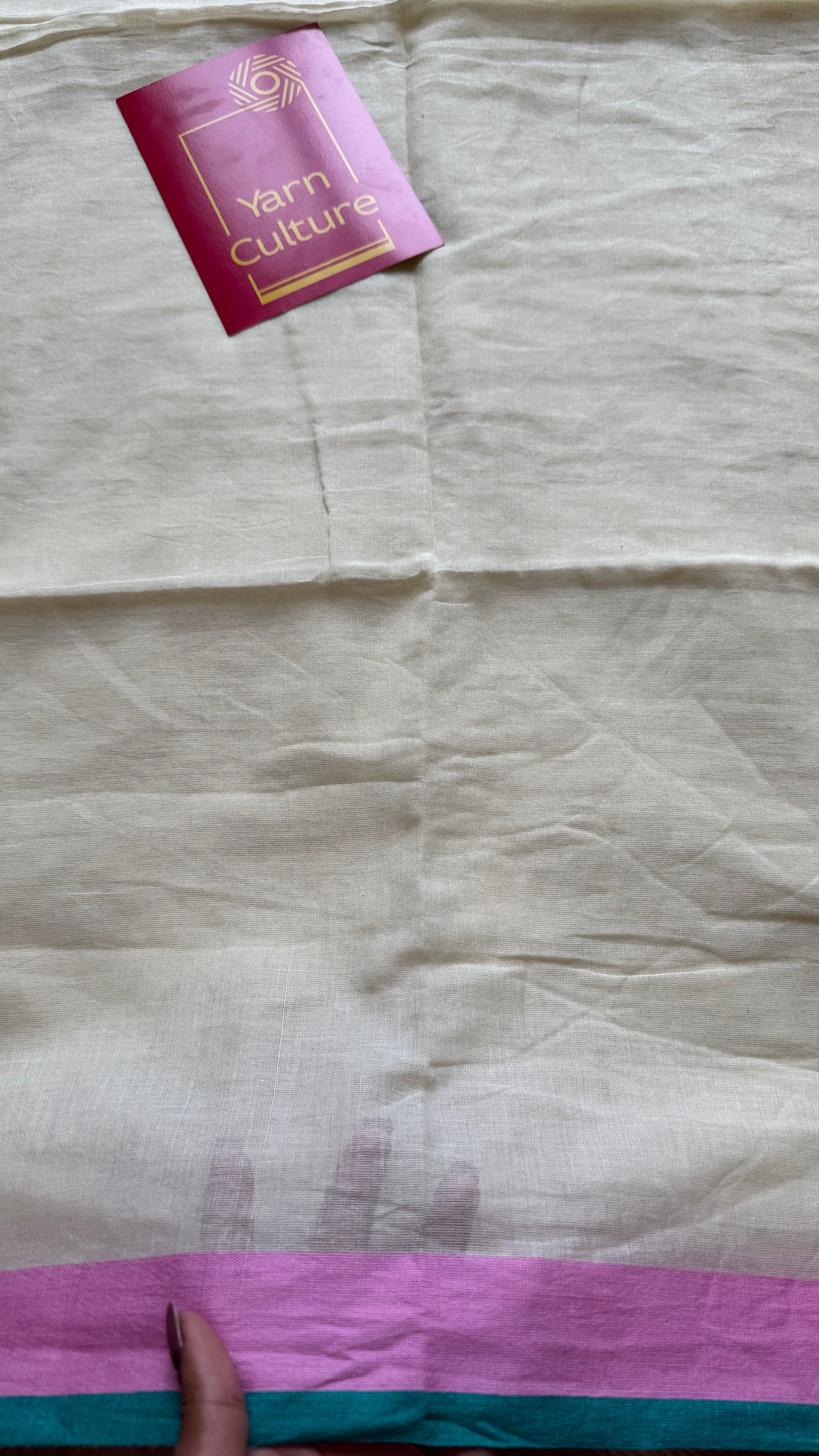 Ivory mul saree, pink and dark cyan border - YCIEON09