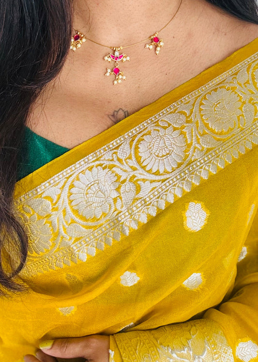 Invisible neckchain with jadau kundan stones & pearl hangings - ruby, white - YCGPNP692