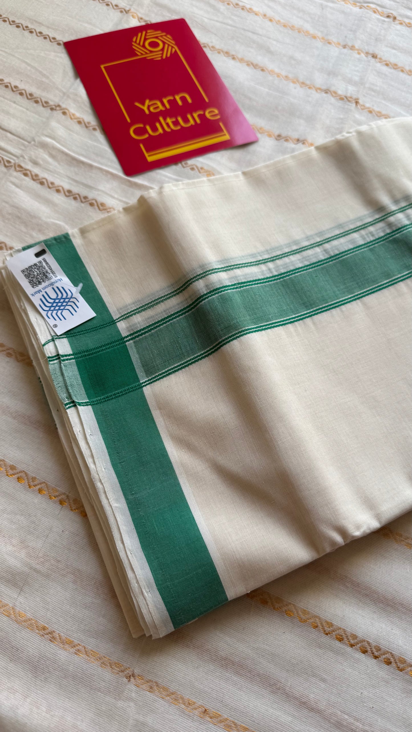 Ivory Chendamangalam Handloom Double Mundu with Green Kara | Soft Cotton Men's Dhoti - YCMSEIE174