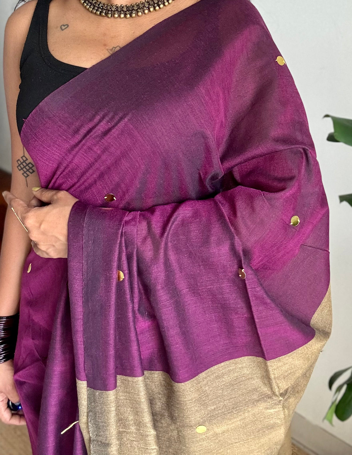 Wine with warm grey contrast pallu, gini sequins, soft cotton saree - YCBCSCOC02