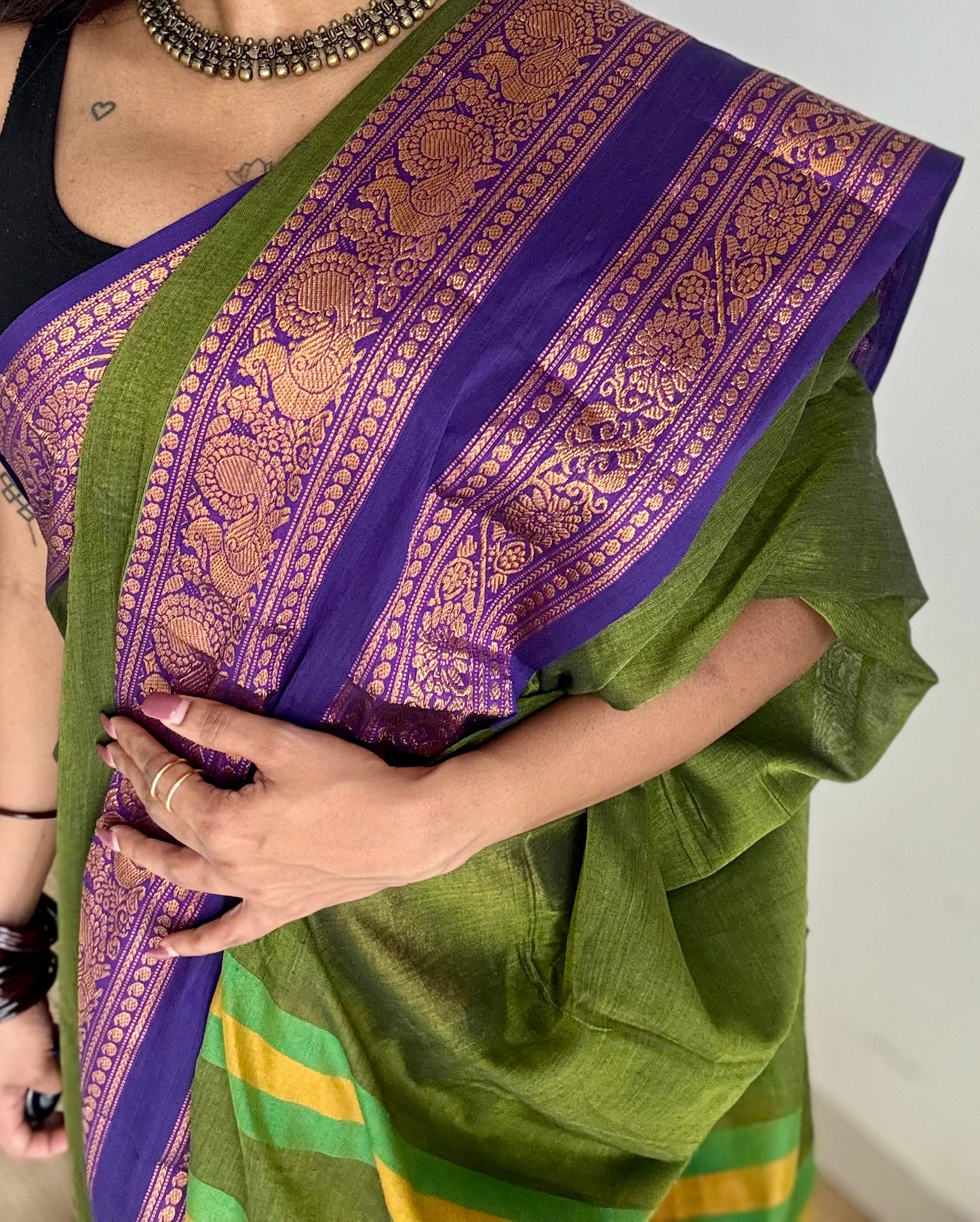 Green with purple wide border, narayanpet soft cotton saree - YCWOTDAUG03